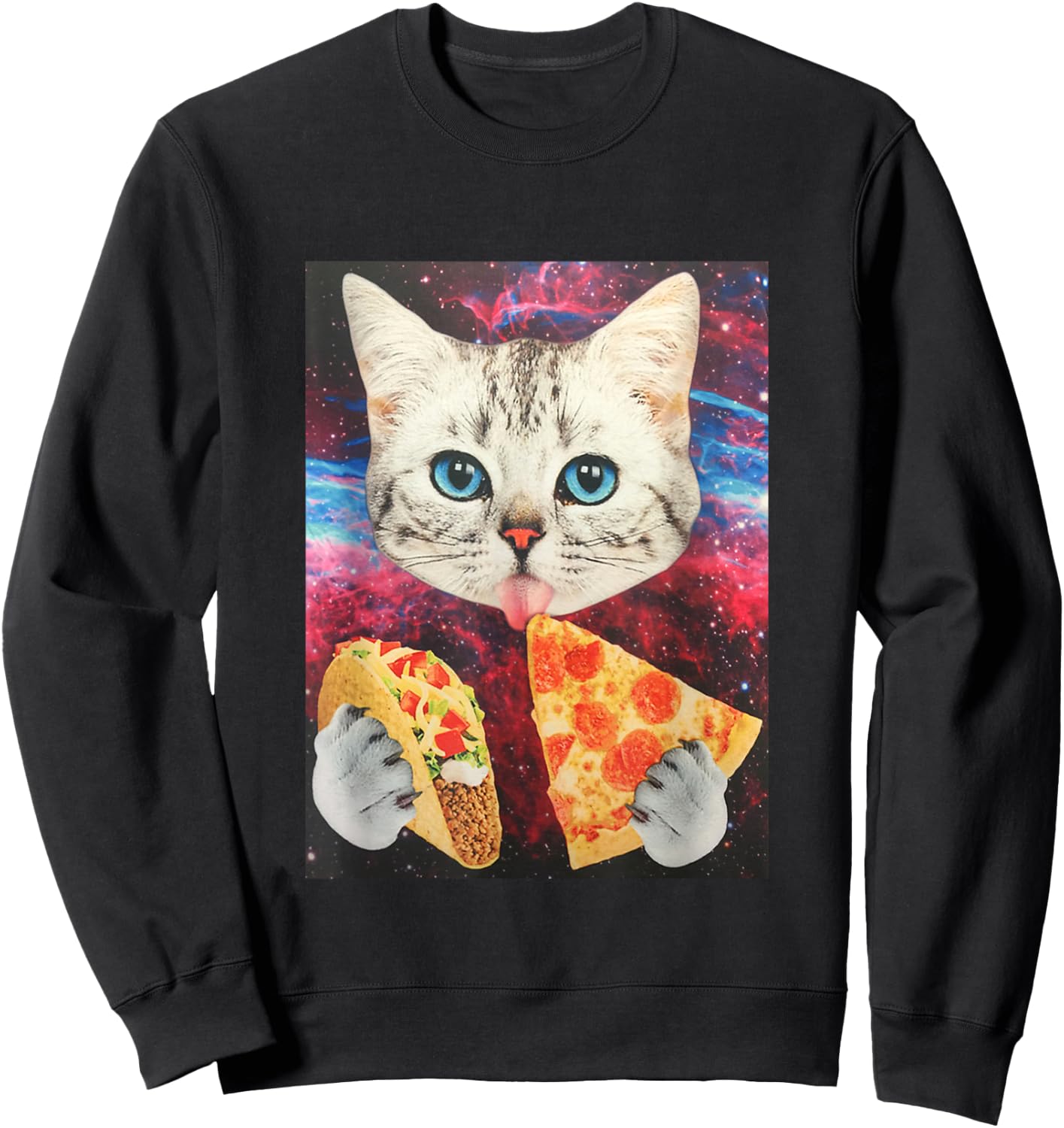 Funny Cute Outer Space Galaxy Cat Meme Pizza Taco Trippy Sweatshirt - Sweatshirt | Black