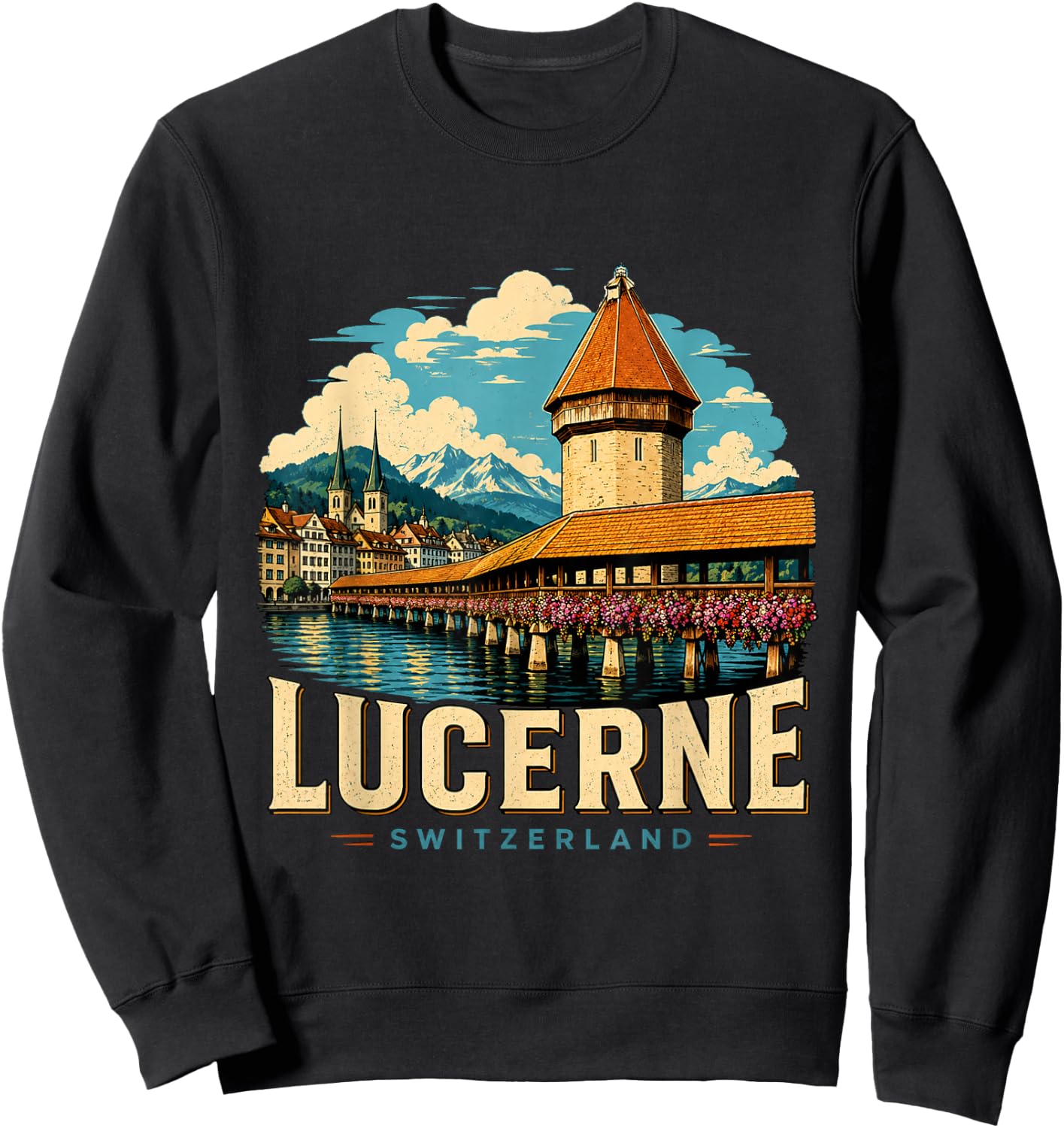 Vintage Lucerne Switzerland Travel Souvenir Landmark Gift Sweatshirt - Sweatshirt | Black