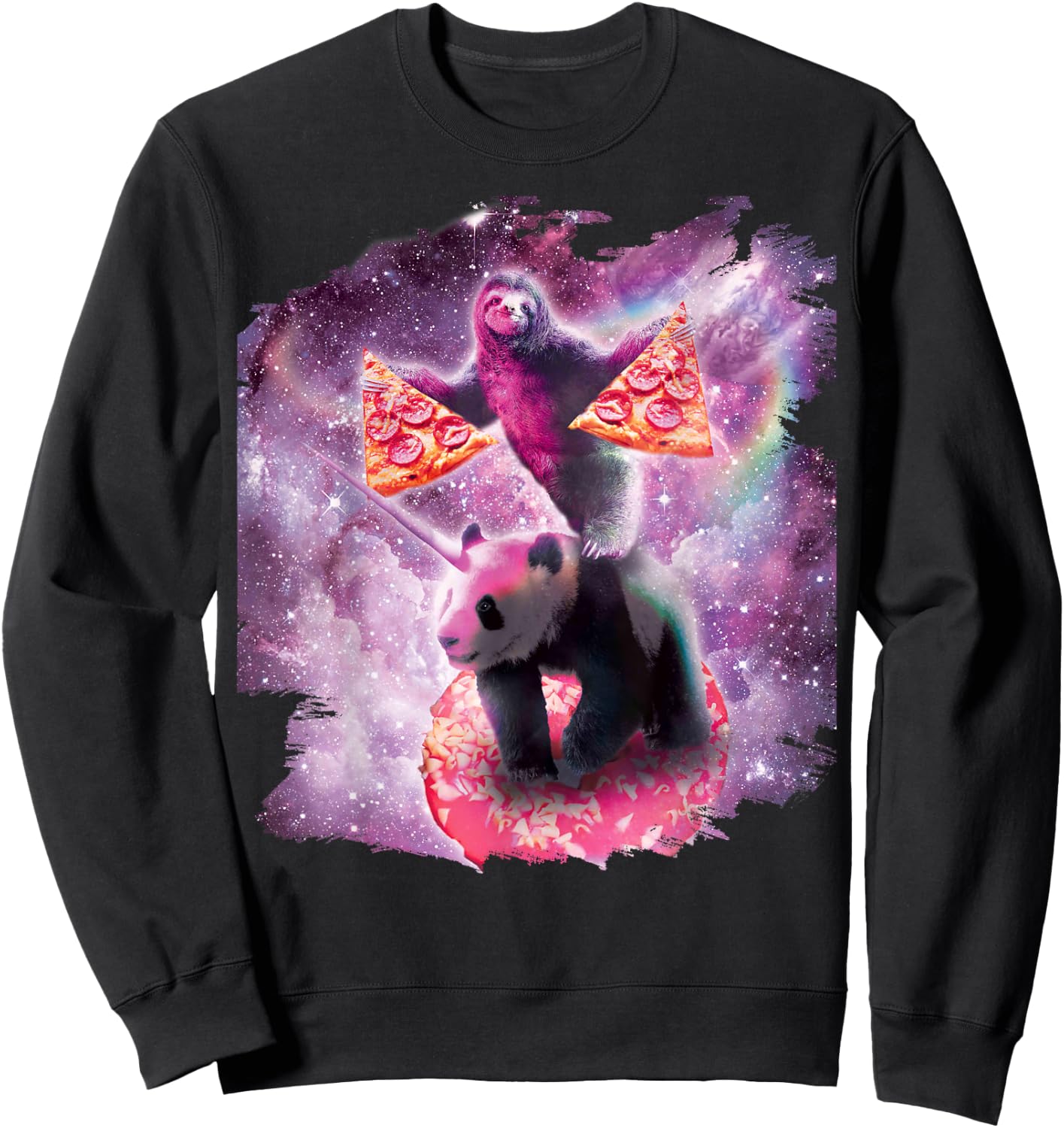 Space Pizza Sloth On Panda Unicorn On Doughnut Sweatshirt - Sweatshirt | Black