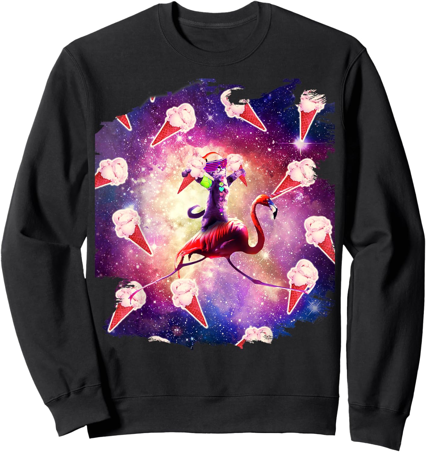 Rave Space Cat On Flamingo Unicorn - Ice Cream Women Kids Sweatshirt - Sweatshirt | Black