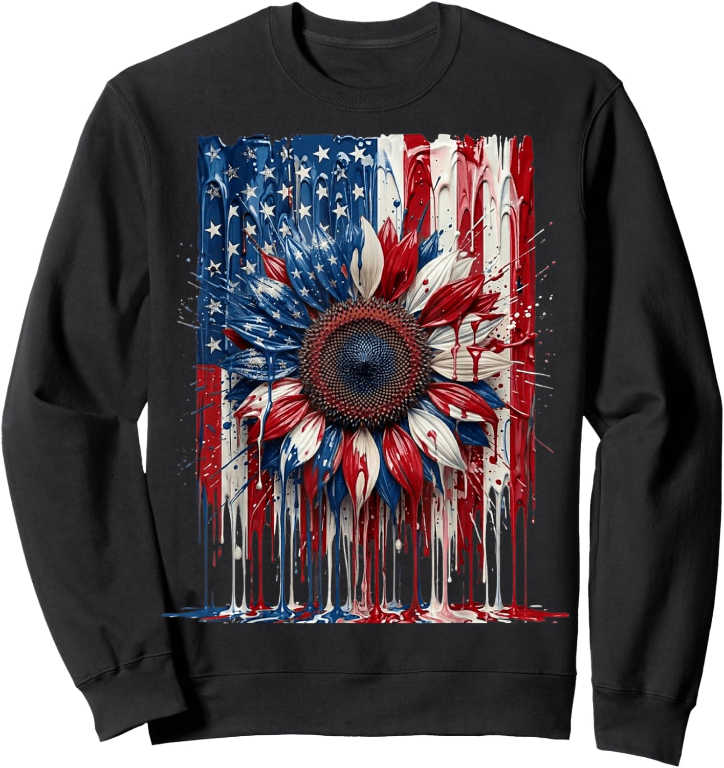 Drip Patrioctic Sunflower American Flag 4th of July Sweatshirt - Sweatshirt | Black