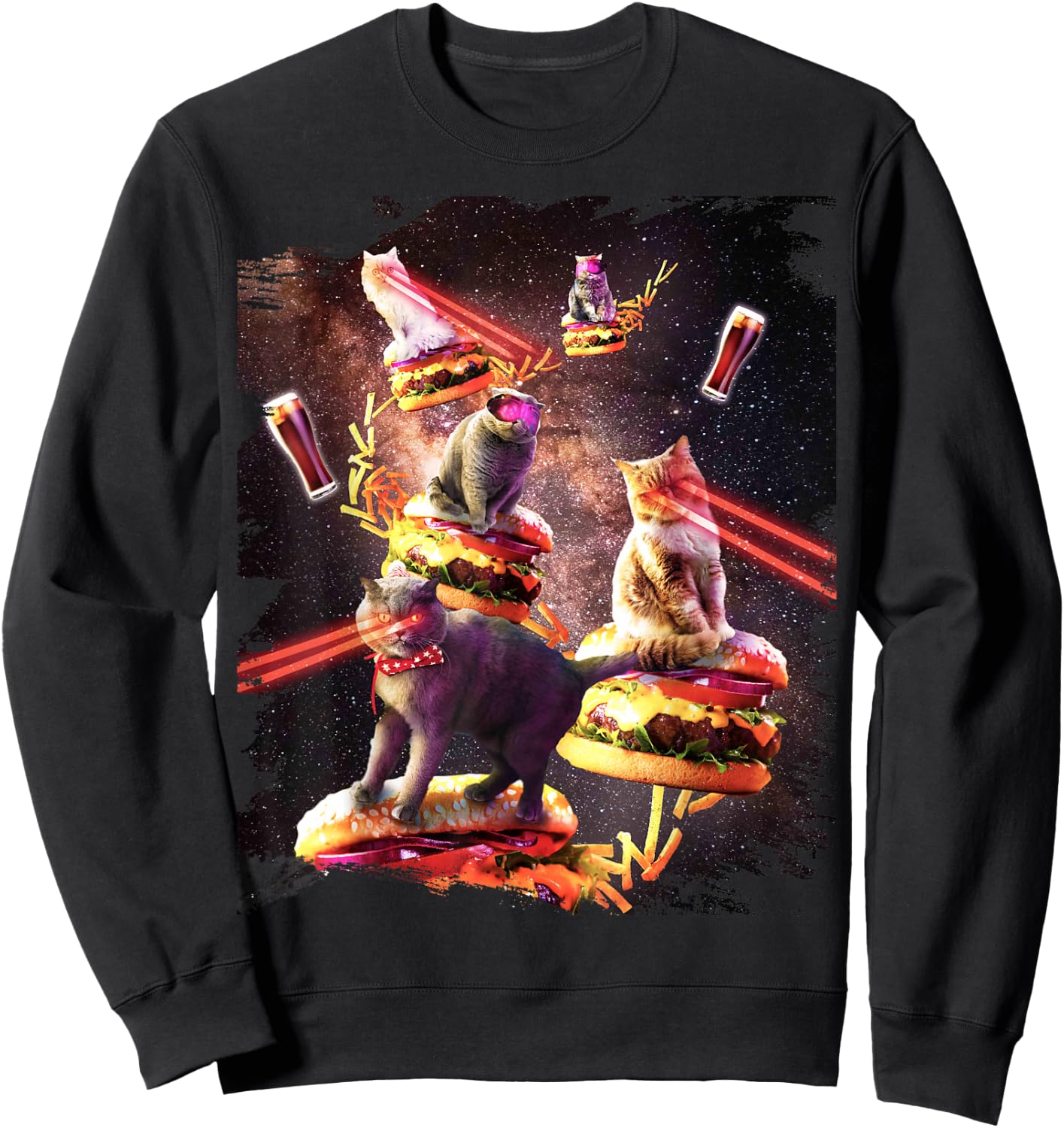 Galaxy Laser Cat On Burger - Space Cheeseburger Cats Sweatshirt - Sweatshirt | Black