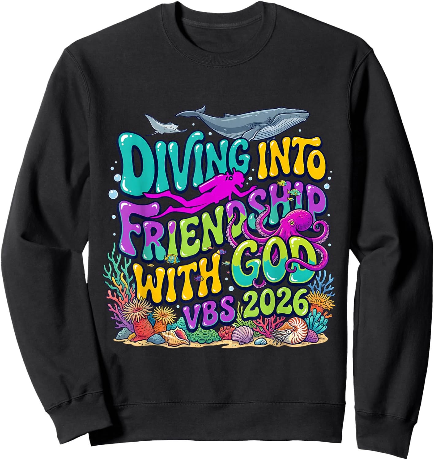 Vintage Diving Into Friendship with God VBS 2026 Scuba Kid Sweatshirt - Sweatshirt | Black