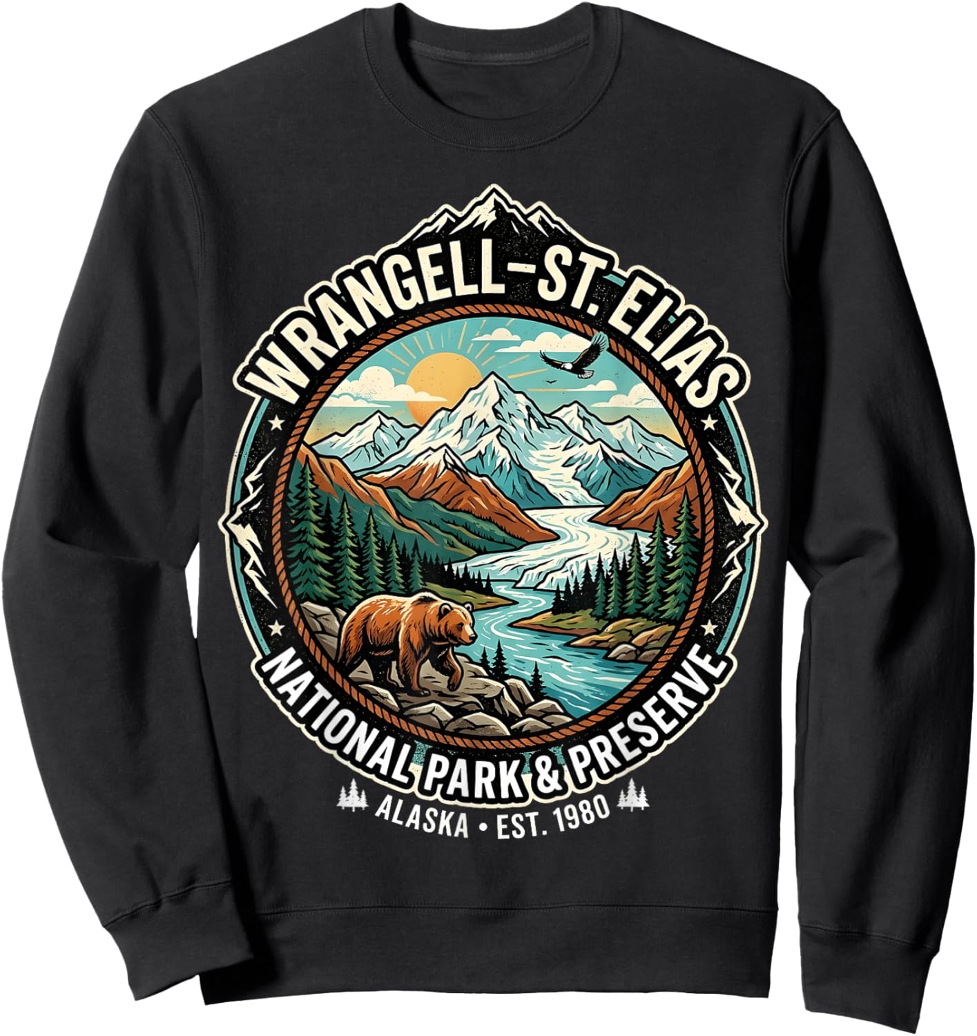 Wrangell-St Elias National Park Alaska Retro Grizzly Emblem Sweatshirt - Sweatshirt | Black