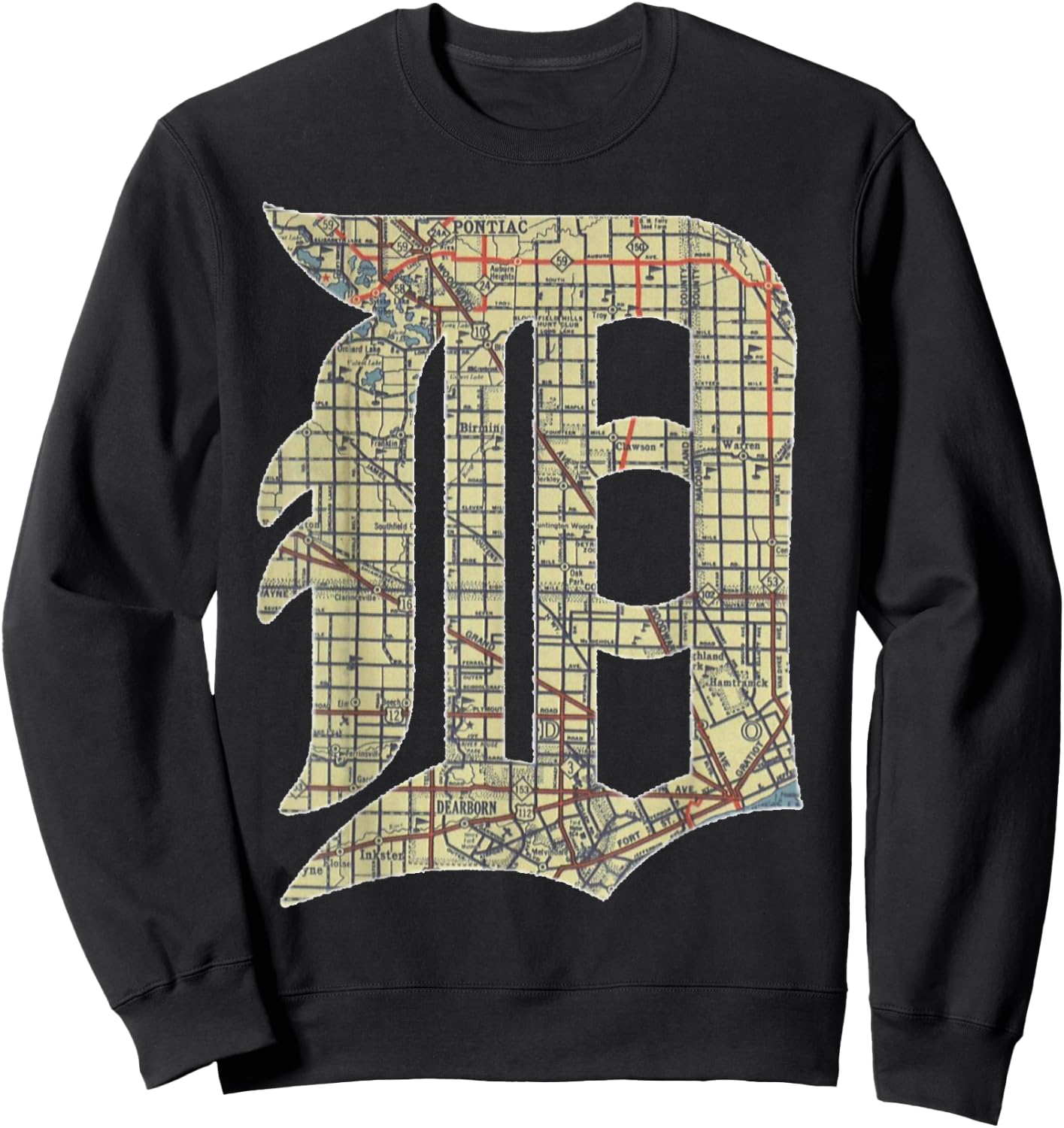 Detroit City Map Old English D Sweatshirt - Sweatshirt | Black