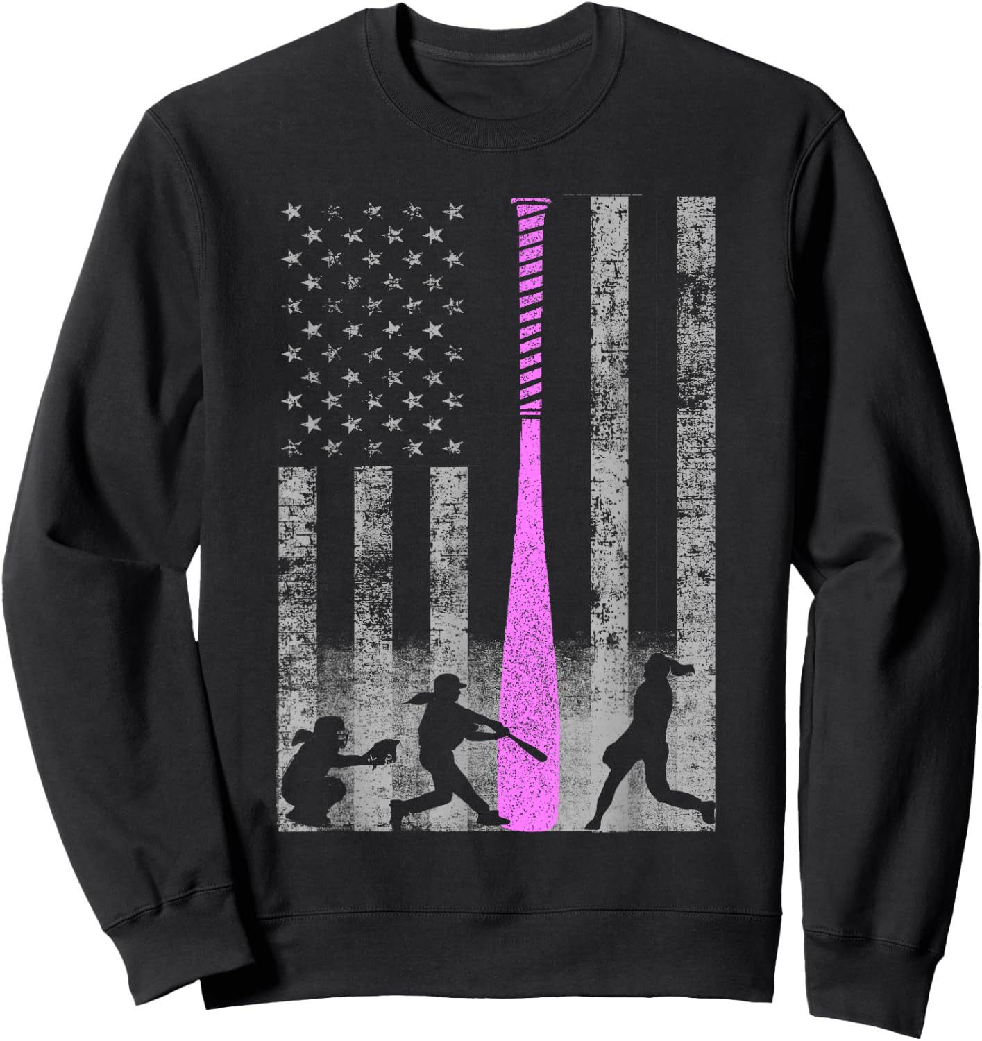 American Softball Flag - Players and Pink Bat Sweatshirt - Sweatshirt | Black