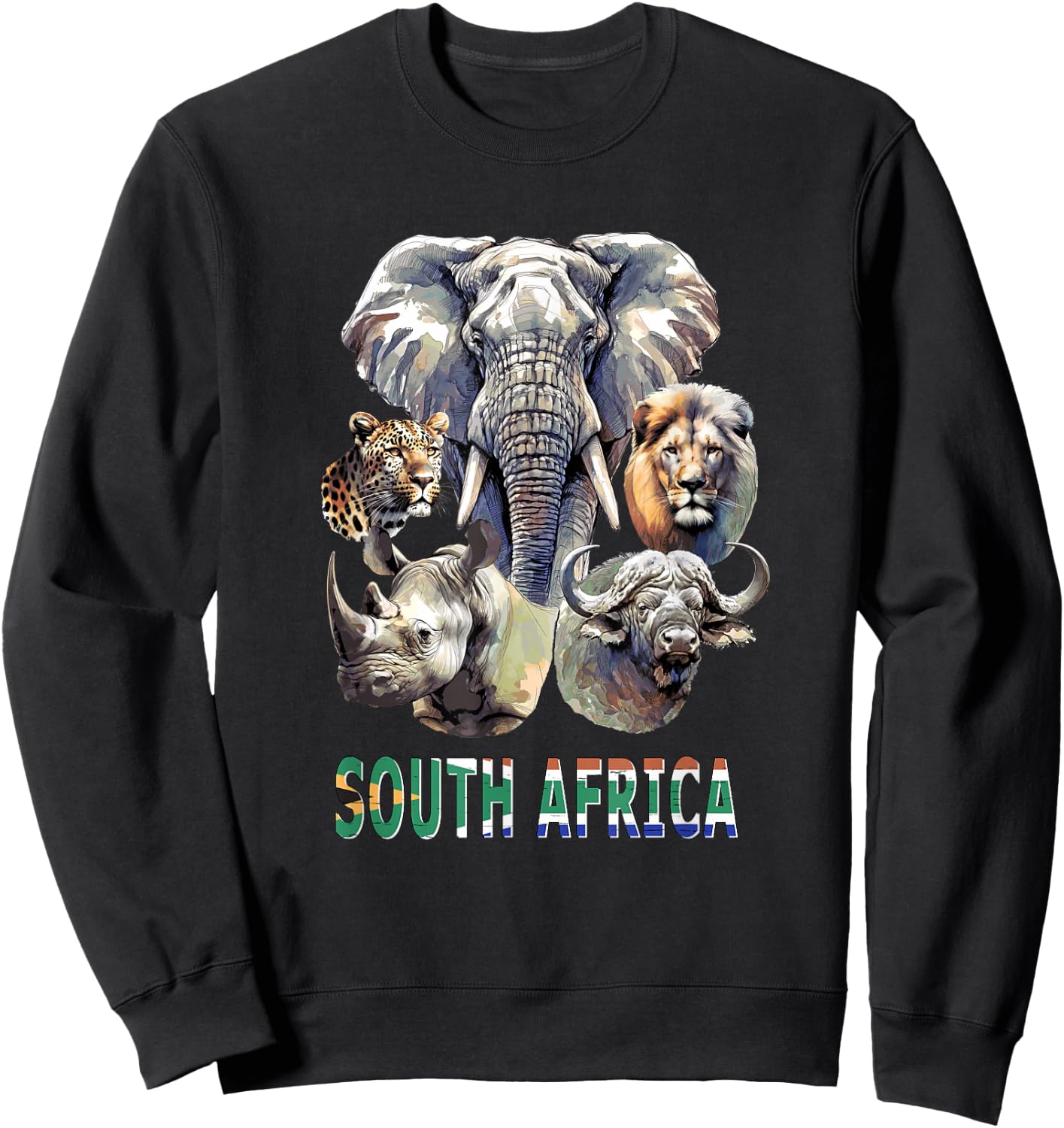 South Africa Big-Five Wildlife Watercolor for Safari Fans Sweatshirt - Sweatshirt | Black