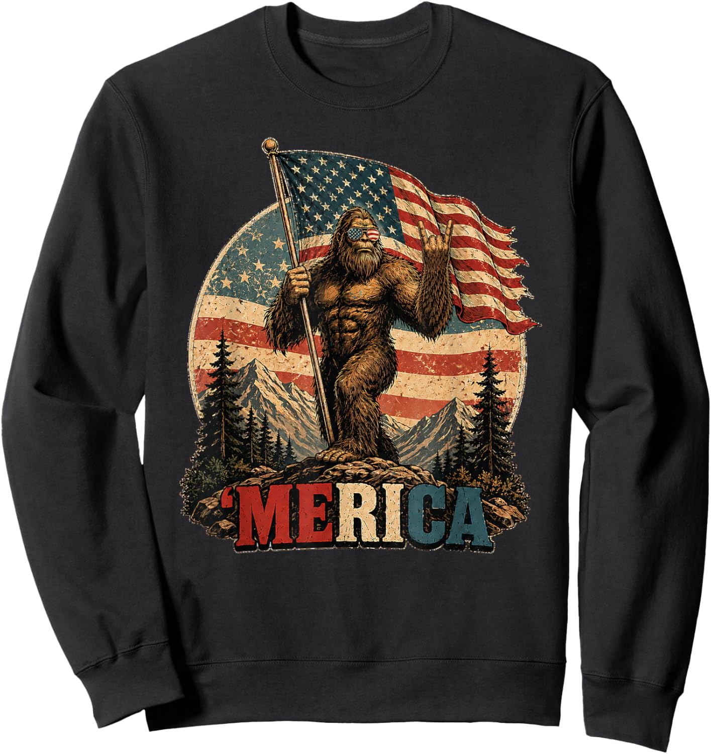 Bigfoot Merica Rock 250th American Flag Patriotic 4th July Sweatshirt - Sweatshirt | Black