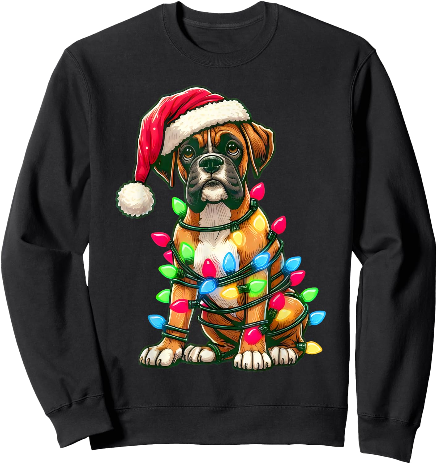 Merry Christmas Boxer Santa Christmas Lights Dog Xmas Tree Sweatshirt - Sweatshirt | Black