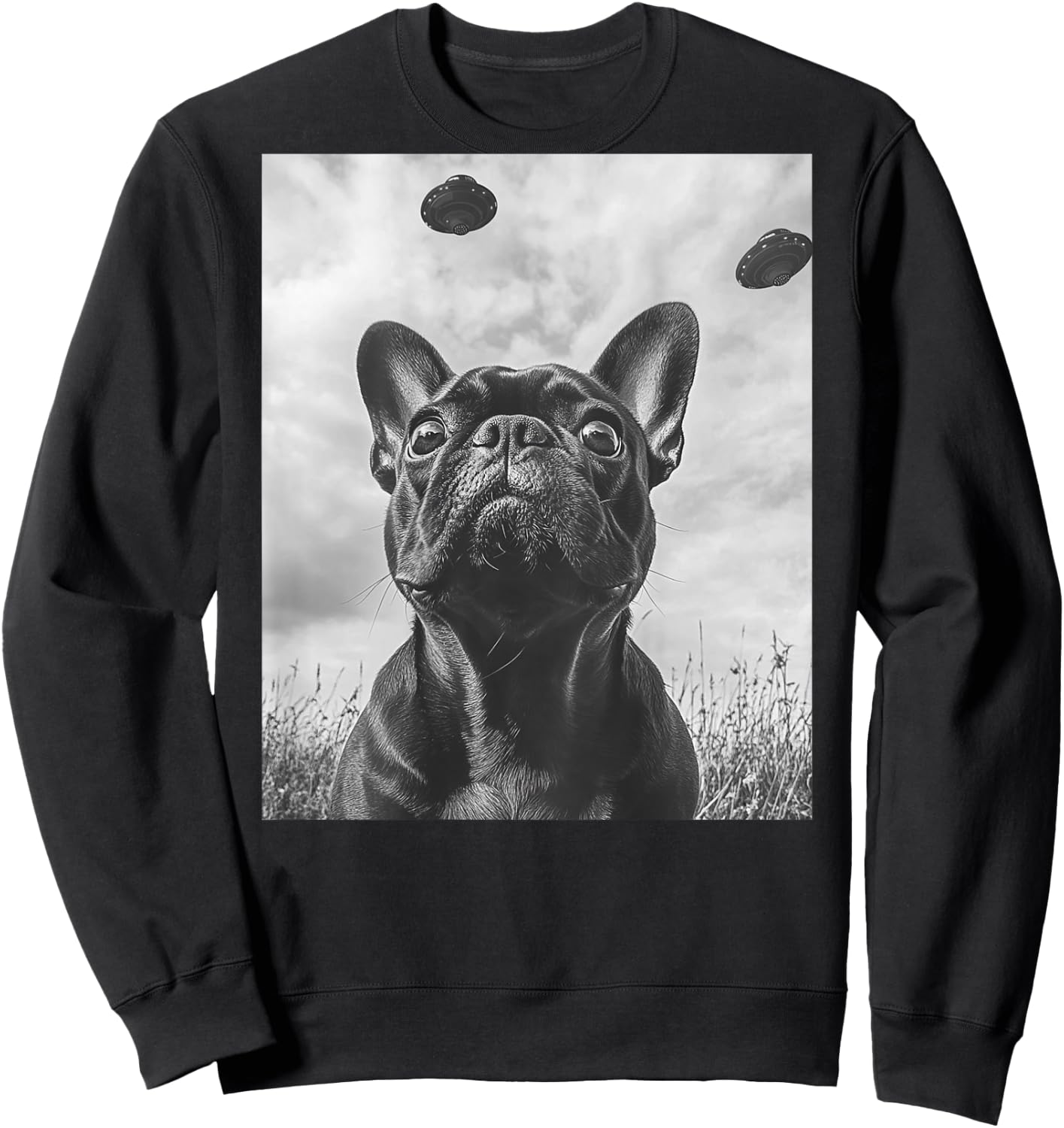 Funny graphic French Bulldog Frenchie UFO Alien Funny weird Women Kids Sweatshirt - Sweatshirt | Black