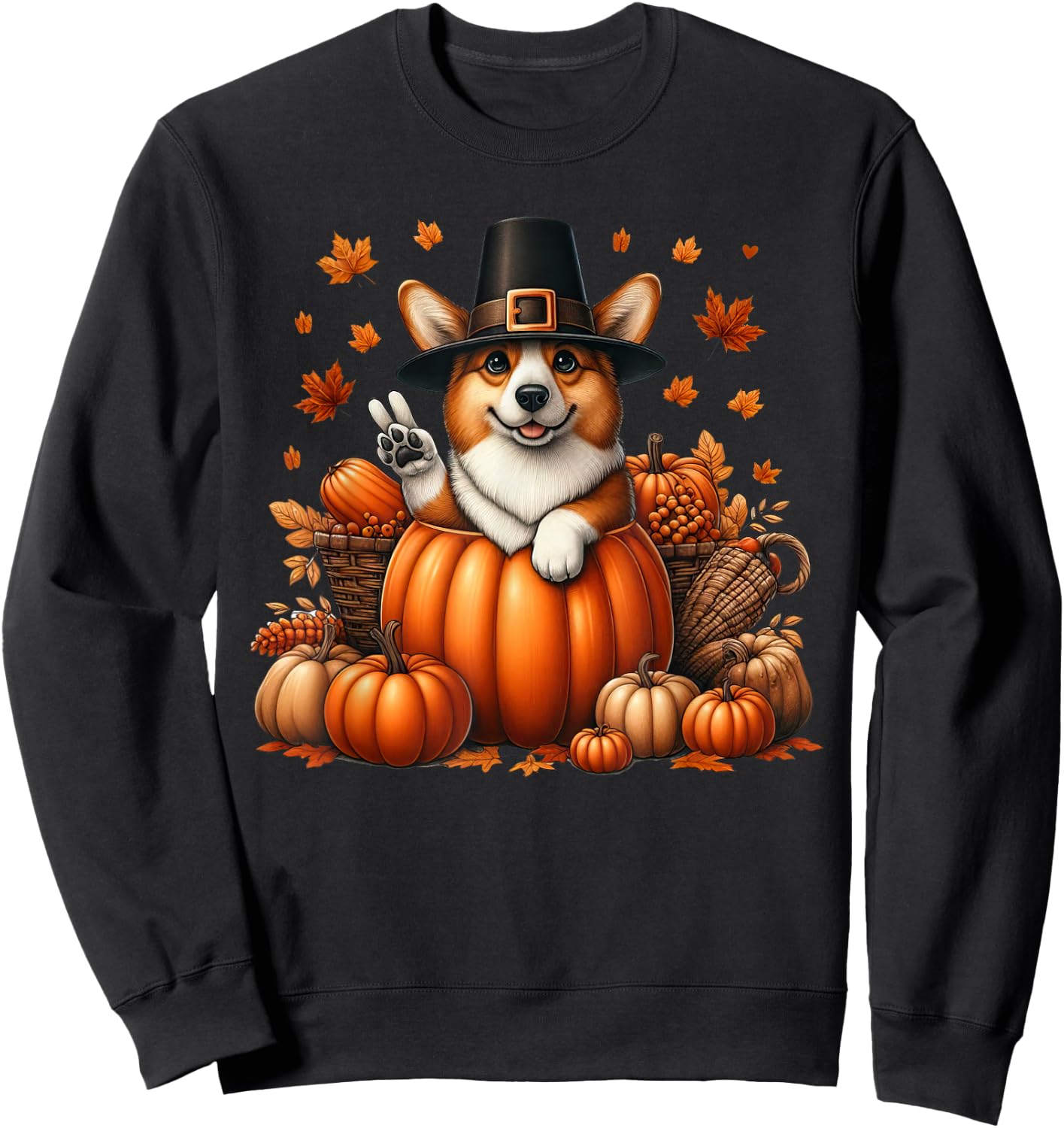 Autumn Pumpkin Fall Corgi Thanksgiving Kids Sweatshirt - Sweatshirt | Black