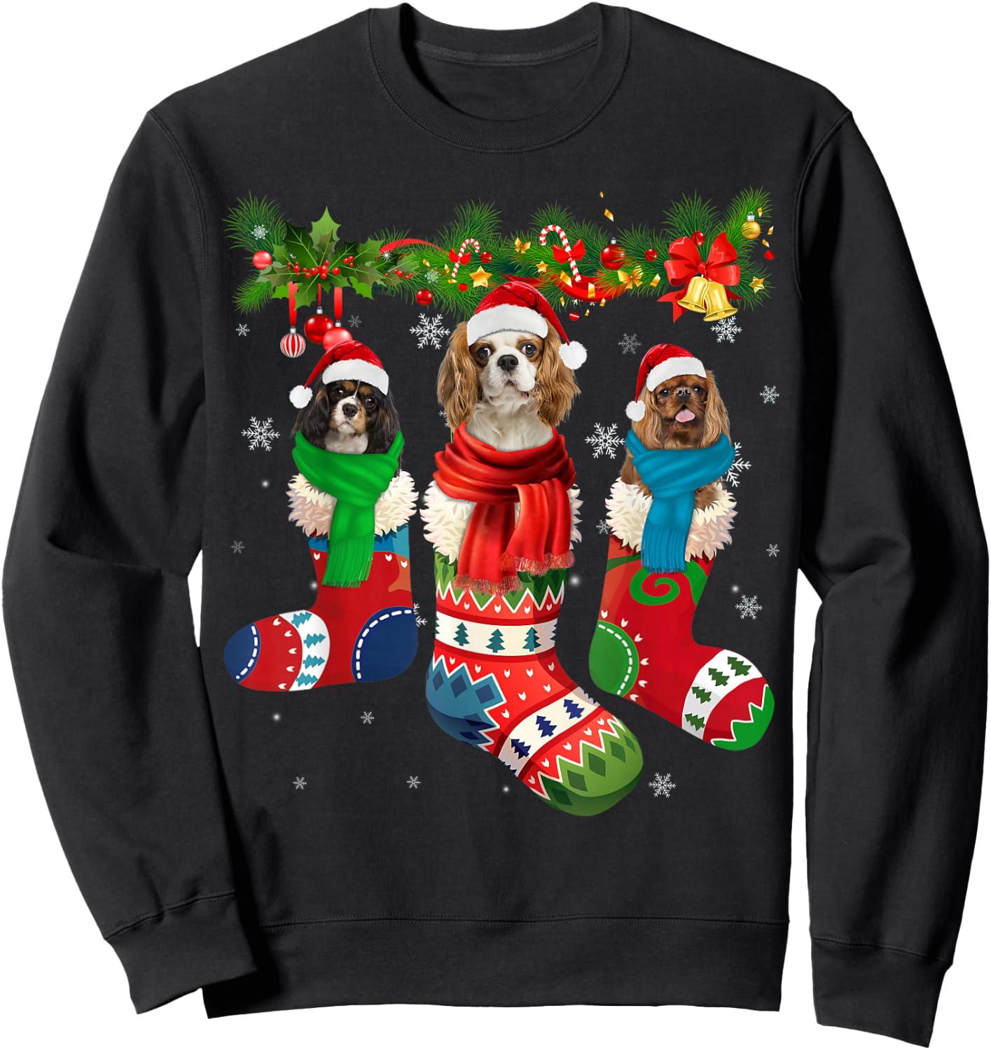 Three Cavalier King Charles Spaniel In Christmas Sock Sweatshirt - Sweatshirt | Black