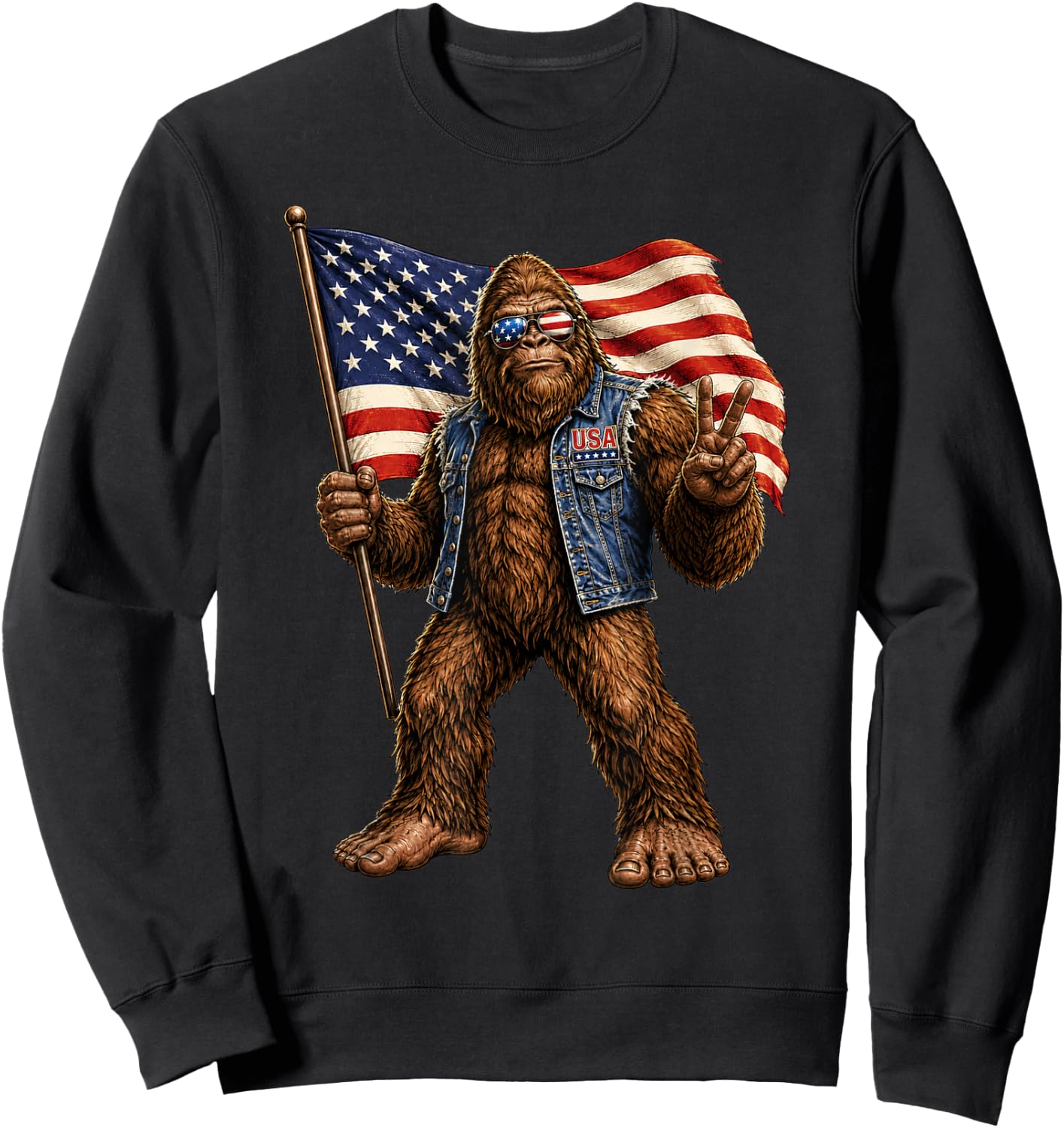 Bigfoot American Flag Sasquatch USA Patriotic Peace Sign Sweatshirt - Sweatshirt | Black