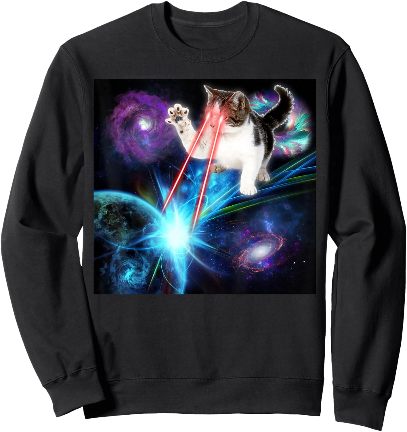 Funny Laser Cat Cute Space Cat Laser Eyes Kitten Sweatshirt - Sweatshirt | Black