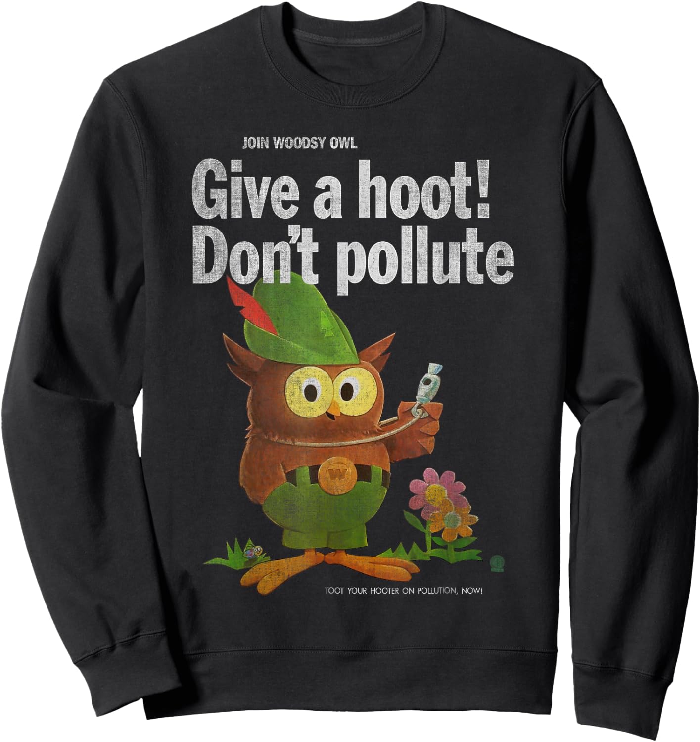 Vintage Shirts by Sven & Angus Woodsy Owl Give a Hoot 70s Distressed and Faded Black Adult Men's Classic Fit Short Sleeve Sweatshirt - Sweatshirt | Black