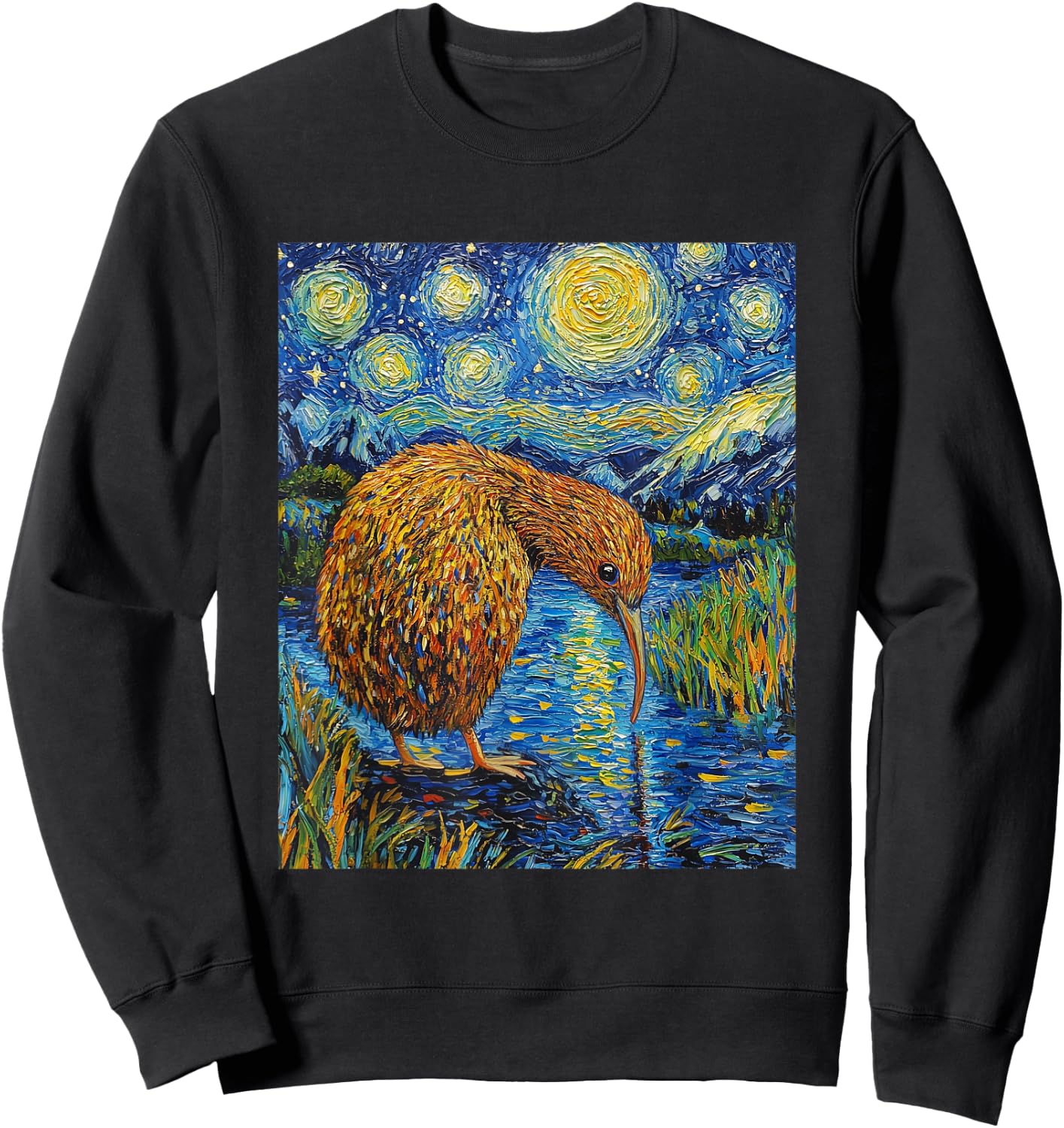 Funny Kiwi Bird - Van Gogh Style - Starry Night Graphic Sweatshirt - Sweatshirt | Black