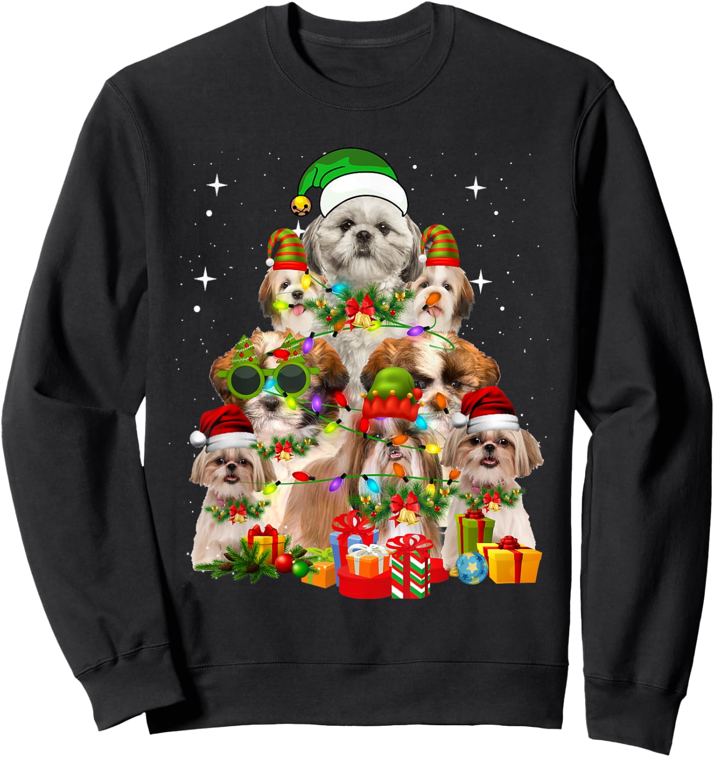 Shih Tzu Santa Hat Christmas Tree Lights Dog Holiday Costume Men Women Kids Sweatshirt - Sweatshirt | Black