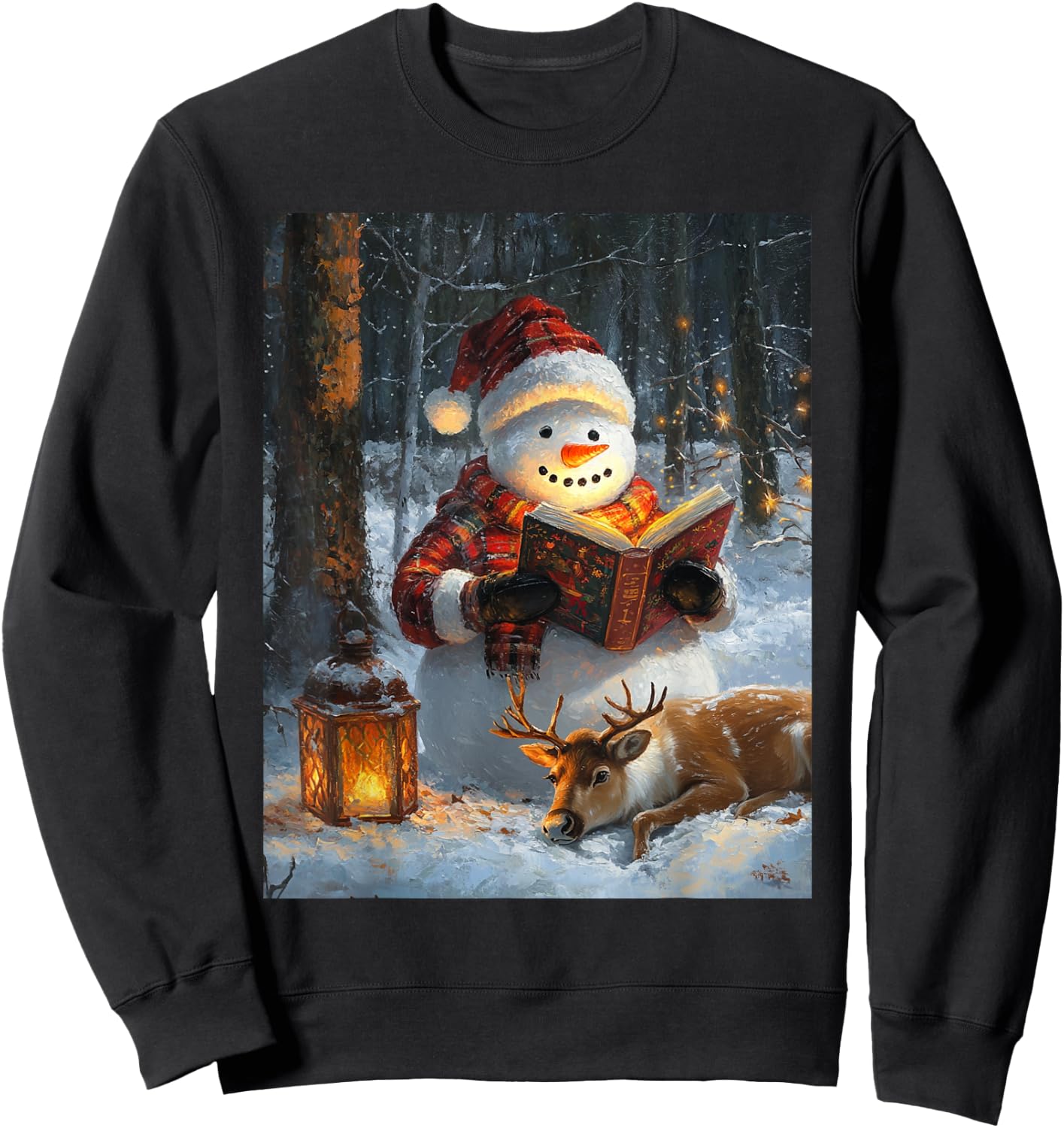 Christmas Deer Girls Boys Kids Christmas Snowman Reads Book Sweatshirt - Sweatshirt | Black