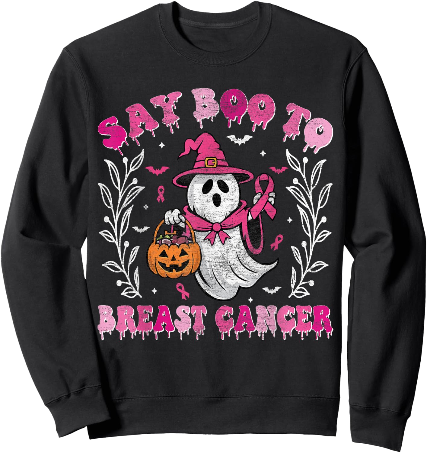 Say Boo to Breast Cancer Halloween Ghost Witch Breast Cancer Sweatshirt - Sweatshirt | Black