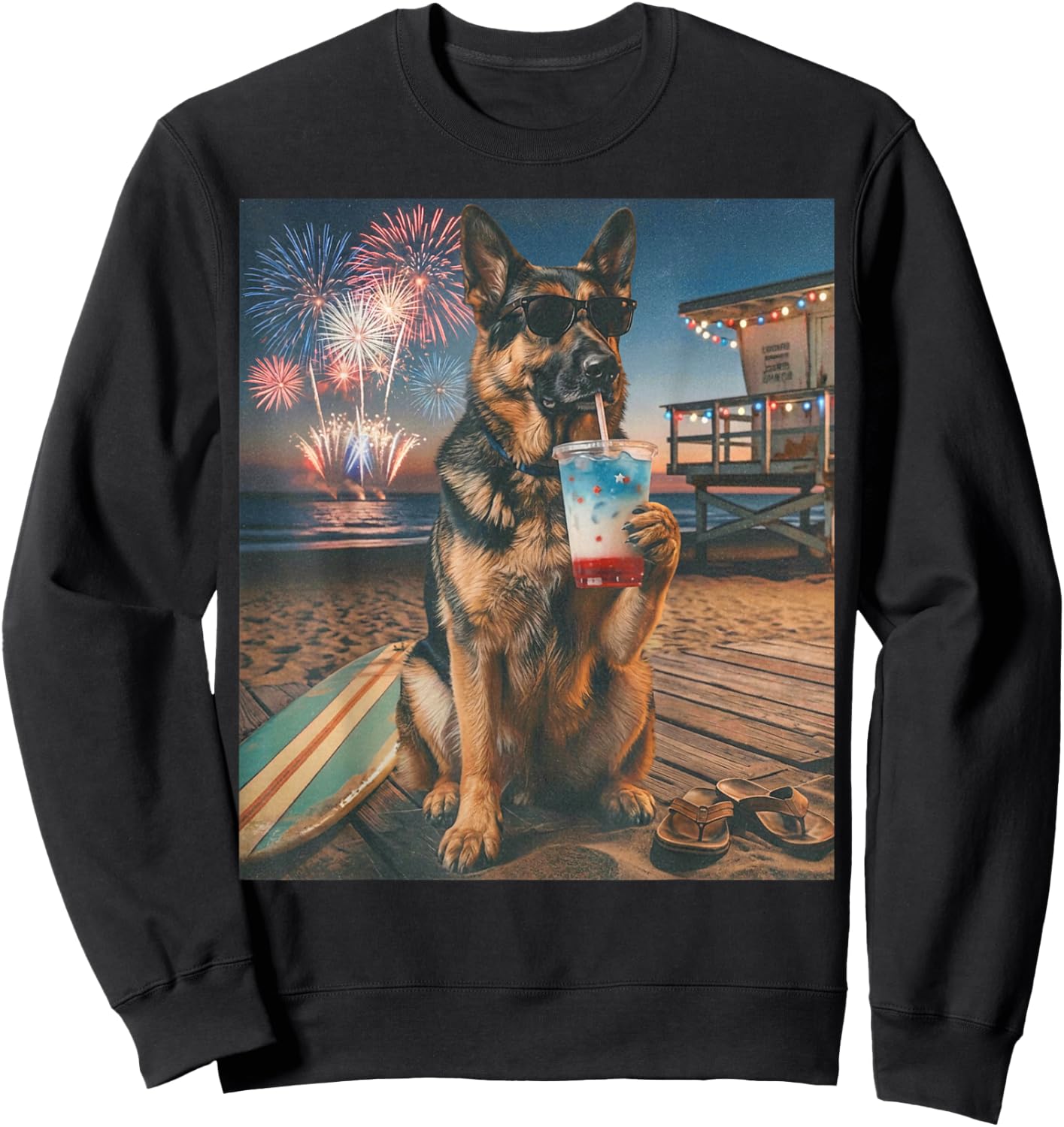 Funny German Shepherd Patriotic Beach Fireworks Dog Art Sweatshirt - Sweatshirt | Black