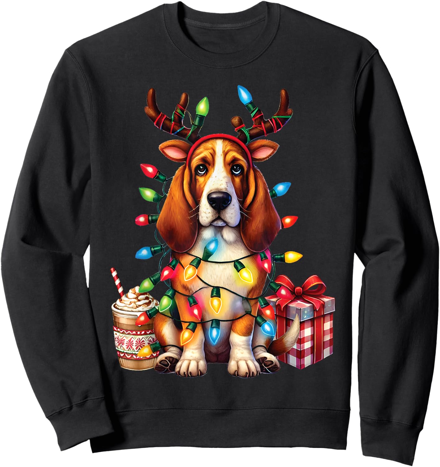Pet Animal Basset Hound Dog Lover Reindeer Christmas Light Sweatshirt - Sweatshirt | Black