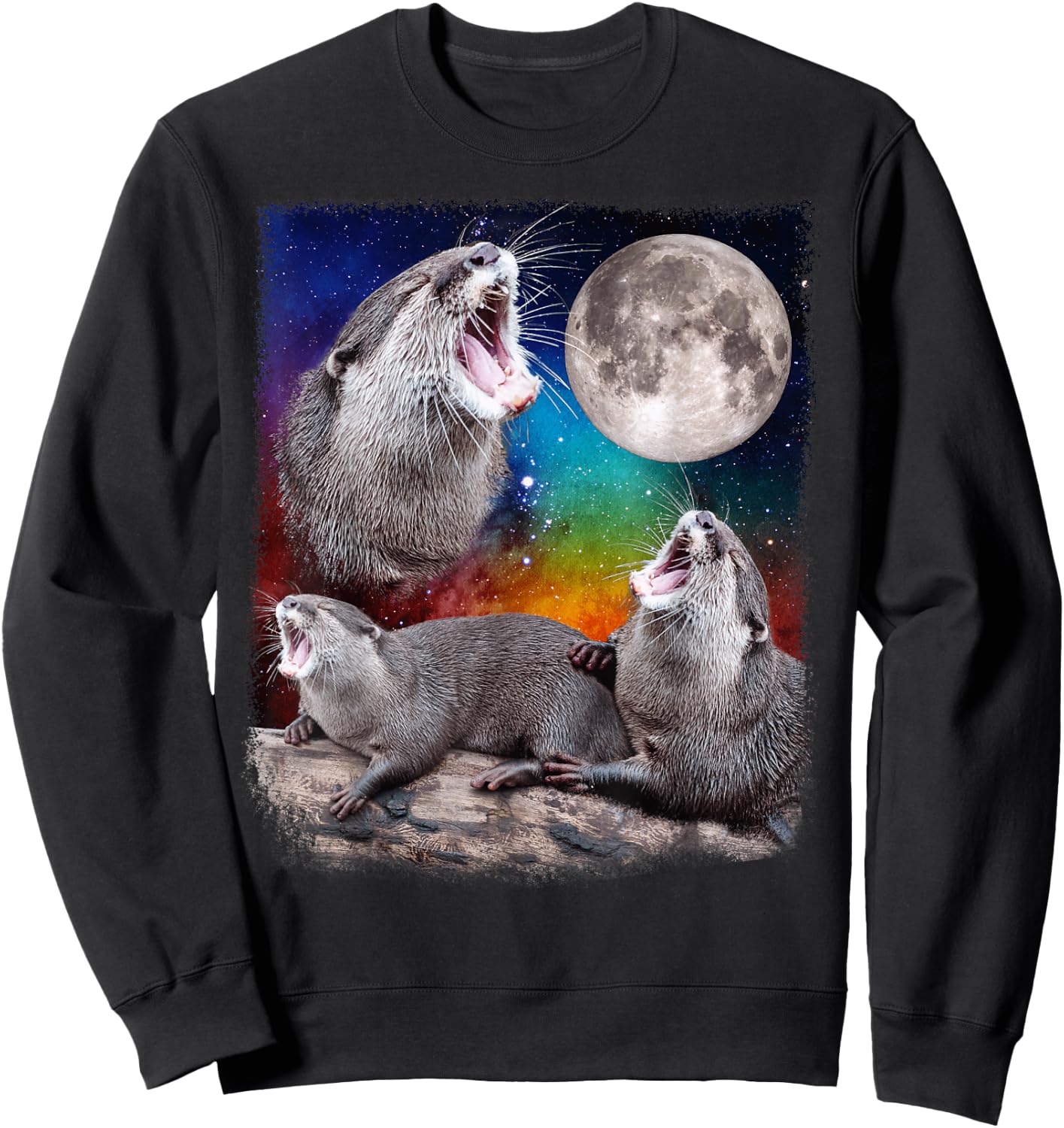 Howling Wolf Otters Moon Galaxy Parody Sweatshirt - Sweatshirt | Black