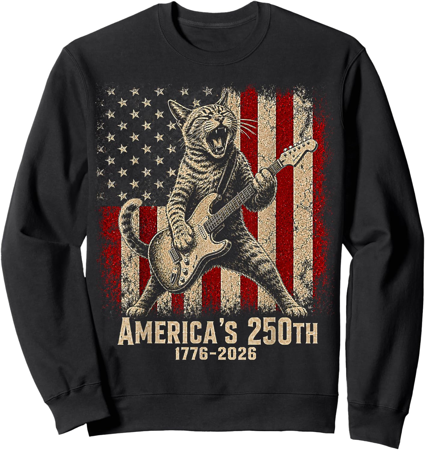 Cat Playing Guitar 250 Years American USA Flag 4th of July Sweatshirt - Sweatshirt | Black