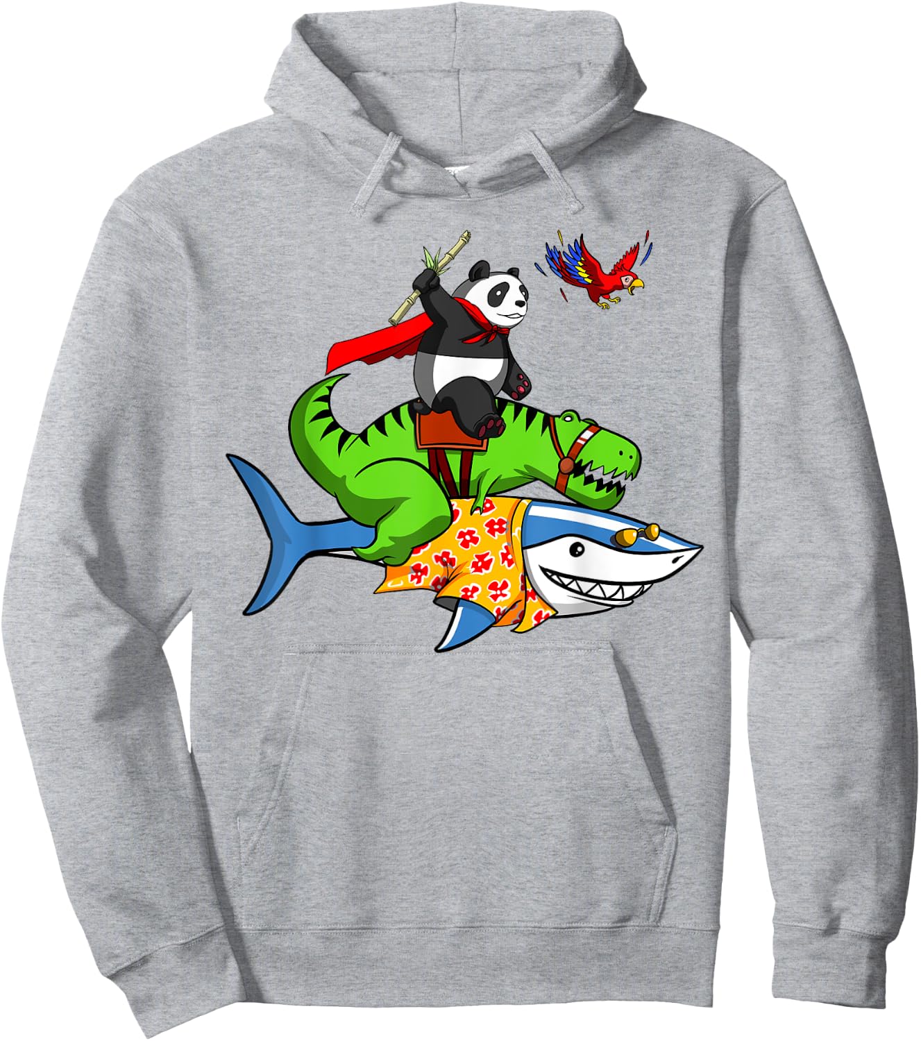 Panda Bear And T-Rex Dinosaur Riding Shark Funny Animals Hoodie - Hoodie | Ash