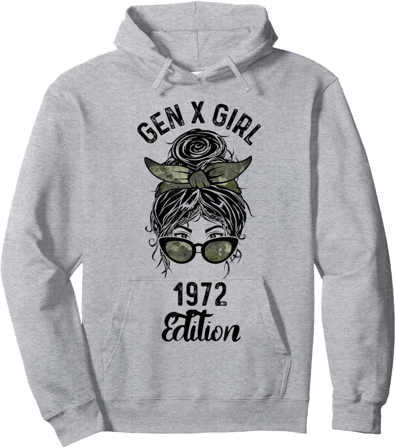 Gen X Girl 1972 Edition Camo Messy Bun Birthday Hoodie - Hoodie | Ash