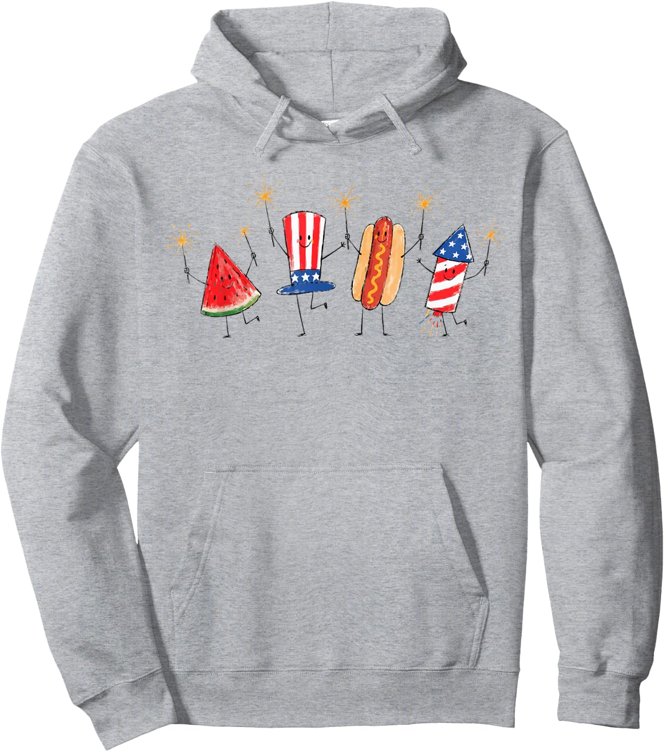 Cute Patriotic Doodle Watermelon Hotdog Firework 4th of July Hoodie - Hoodie | Ash