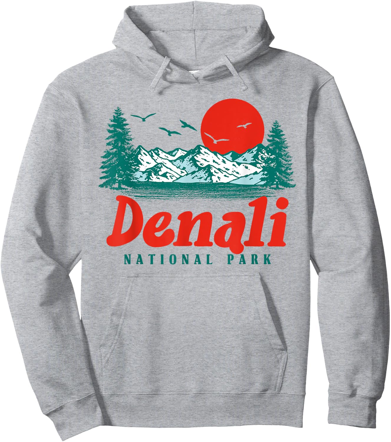 Retro Denali National Park Mountain Trees & Sun Graphic Hoodie - Hoodie | Ash