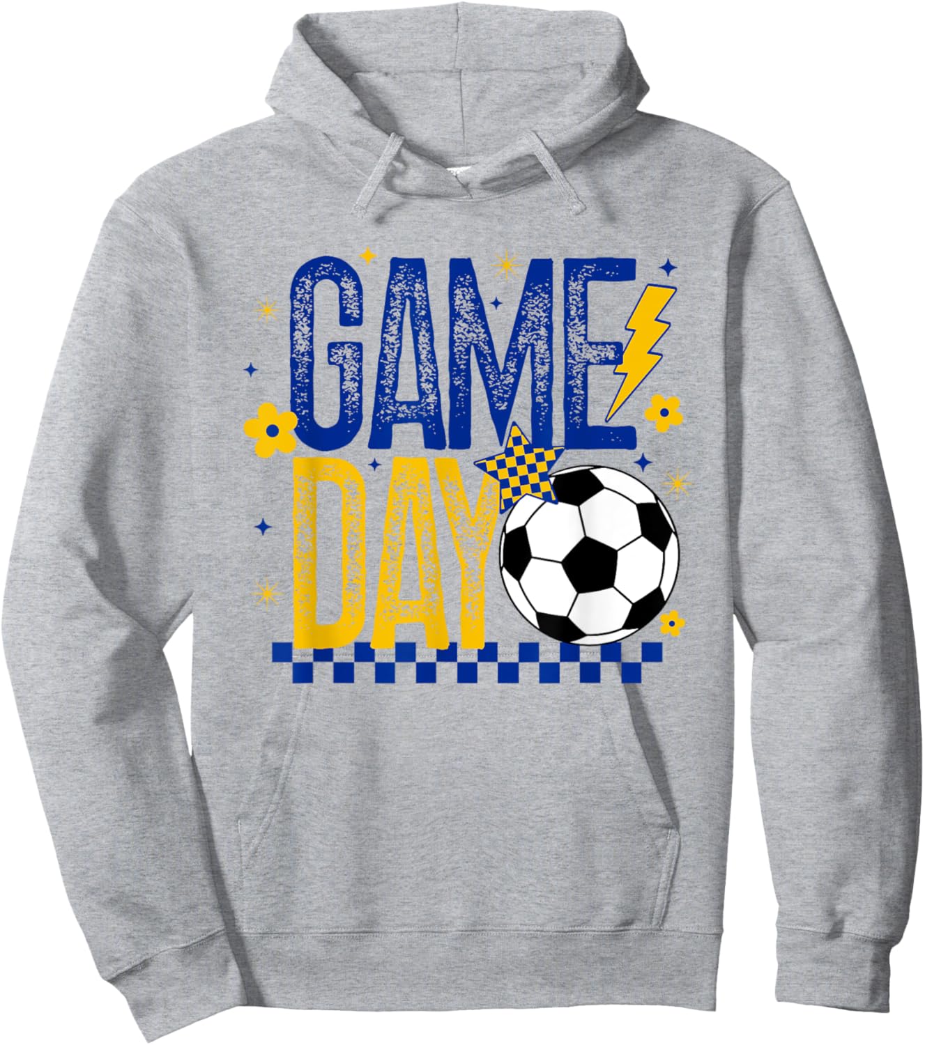 Game Day Soccer Season Retro Blue Gold Checkered Lightning Hoodie - Hoodie | Ash