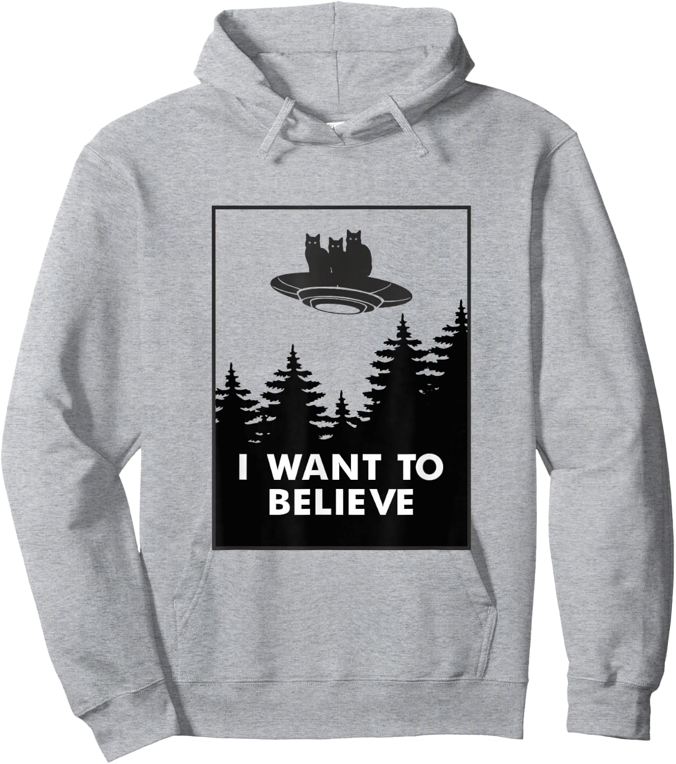 I want to Believe Funny Cat UFO Alien Space Men Women Girls Kids Hoodie - Hoodie | Ash