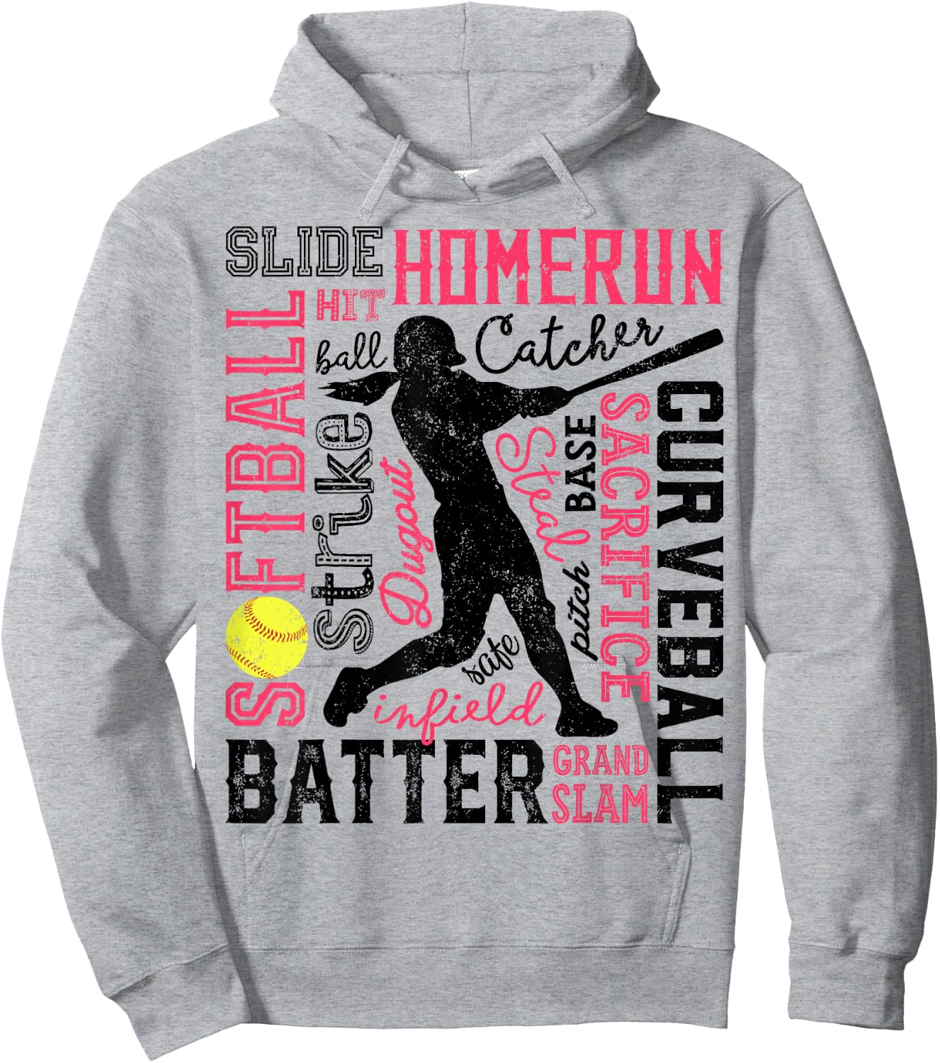 Softball Typography Word Art Funny Batter Pitcher Catcher Hoodie - Hoodie | Ash