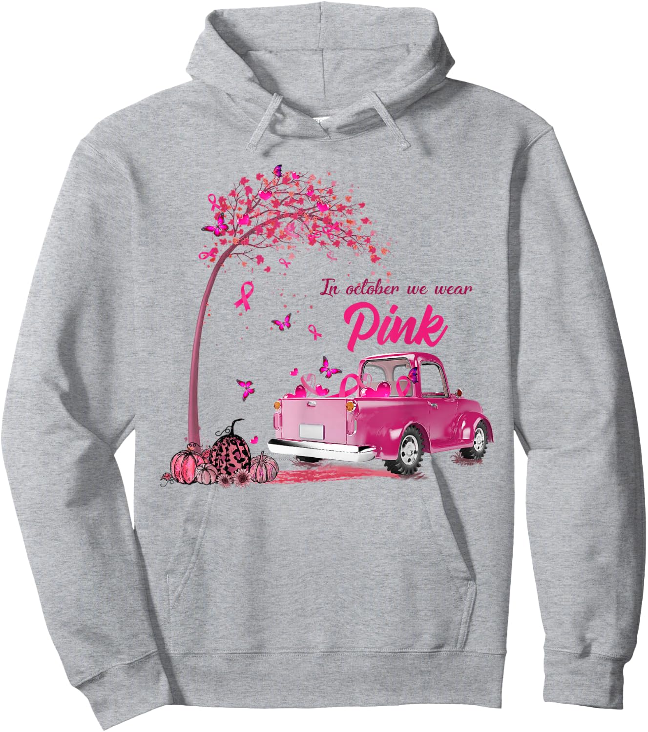 In October We Wear Pink Truck Breast Cancer Awareness Gifts Hoodie - Hoodie | Ash