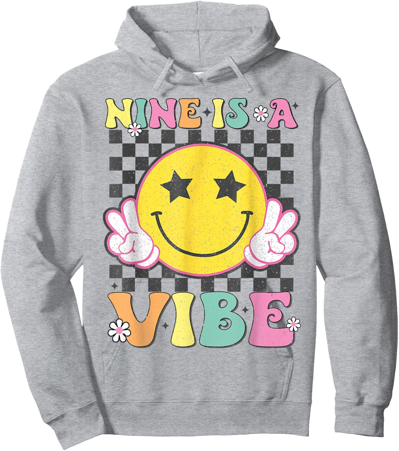 Nine Is A Vibe 9th Birthday Groovy Smile Face 9 Years Old Hoodie - Hoodie | Ash