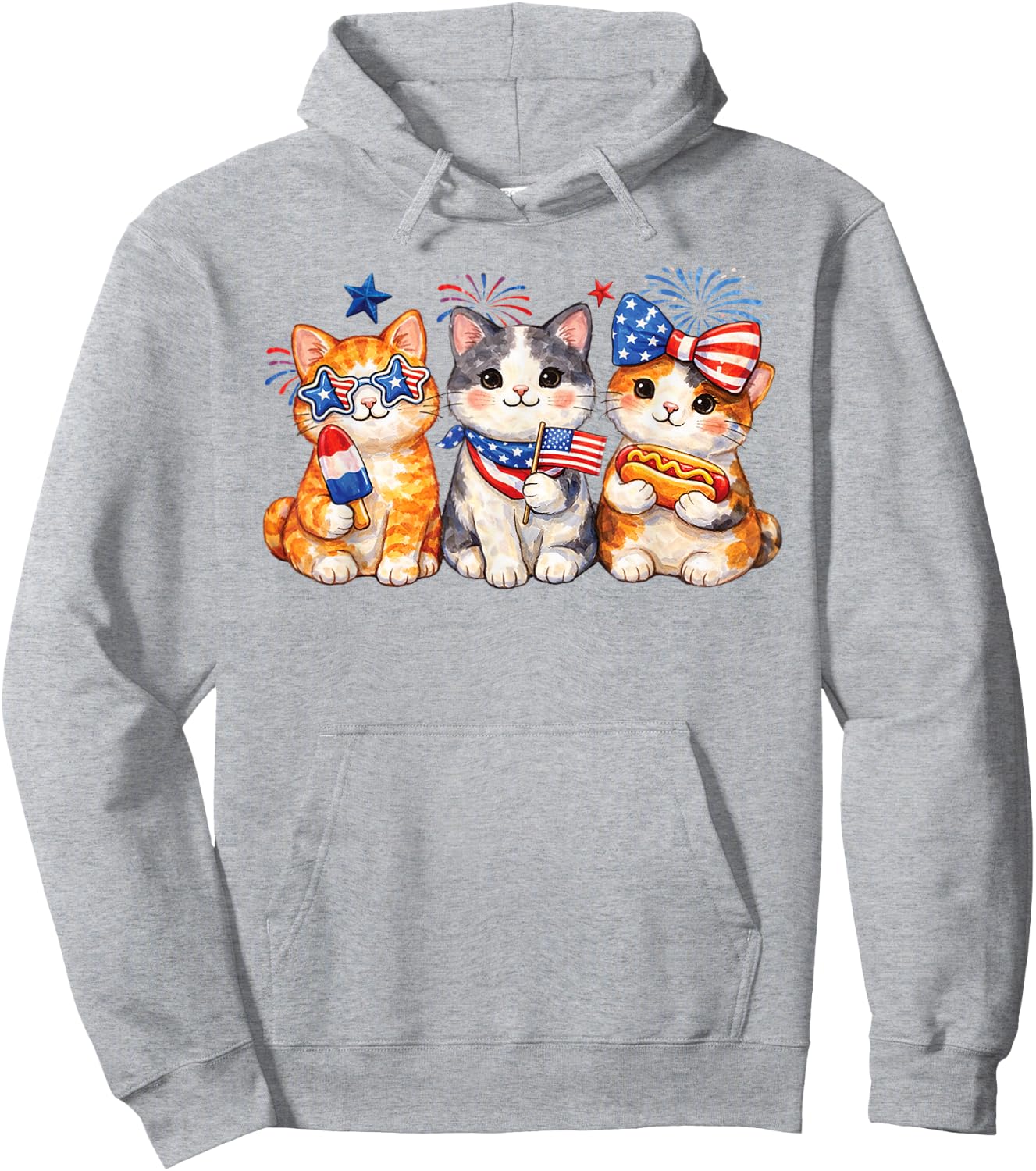 Patriotic Cat Trio Fourth of July Cute Kitten USA Graphic Hoodie - Hoodie | Ash