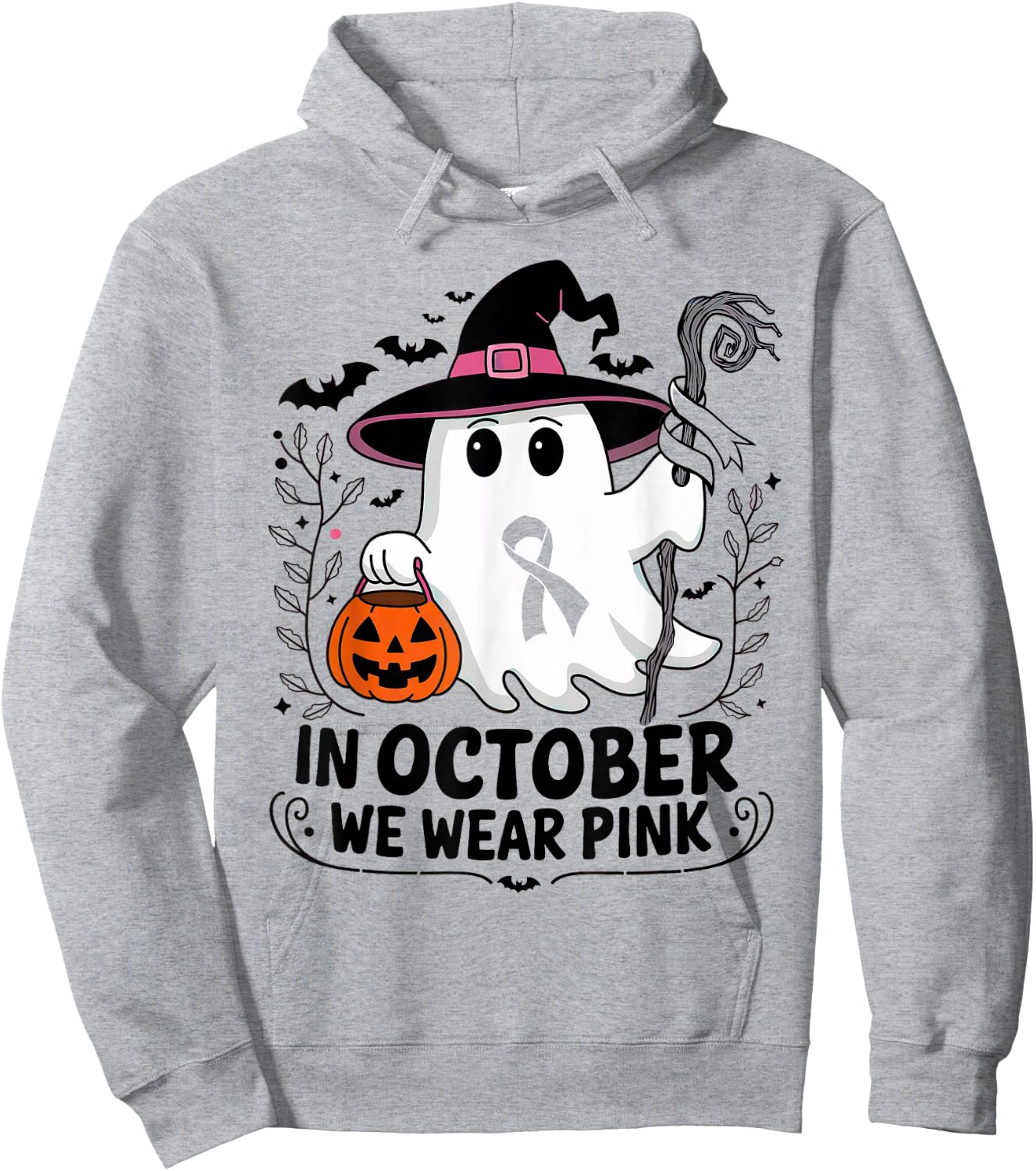 In October We Wear Pink Breast Cancer Awareness Halloween Hoodie - Hoodie | Ash