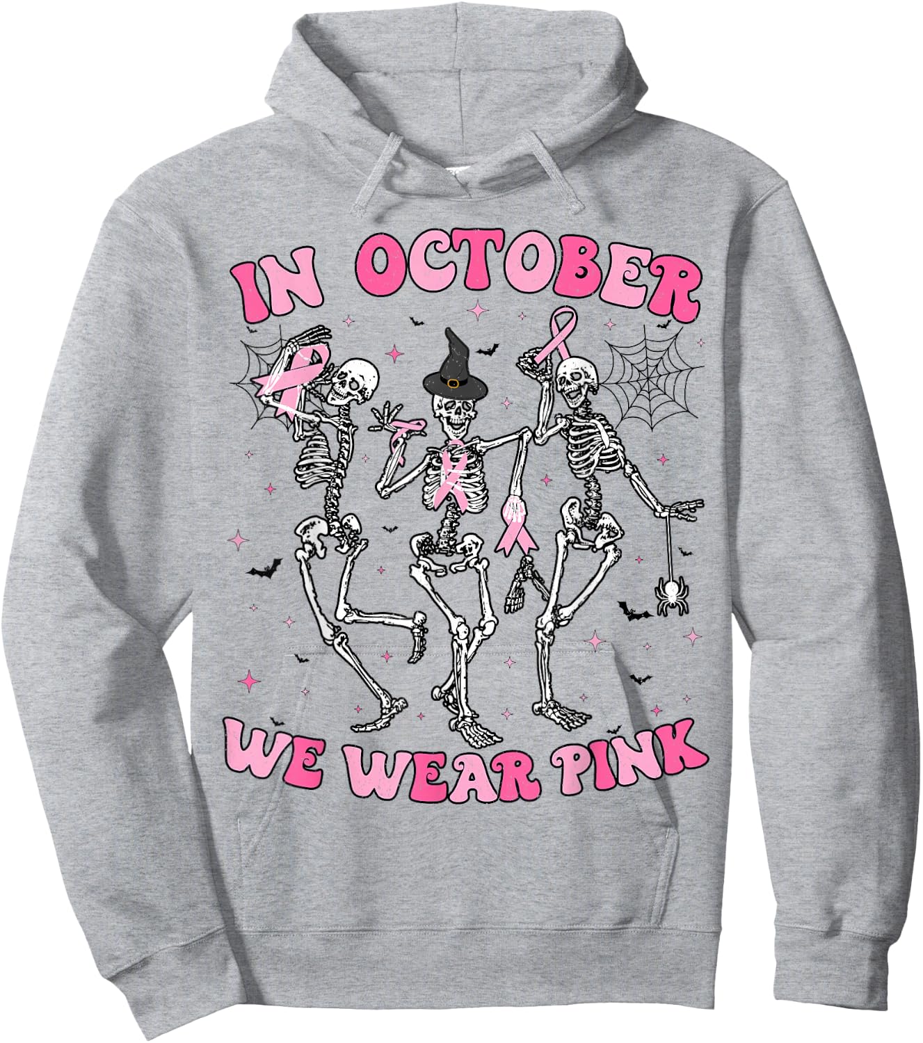 In October We Wear Pink Halloween Breast Cancer Skeleton Hoodie - Hoodie | Ash