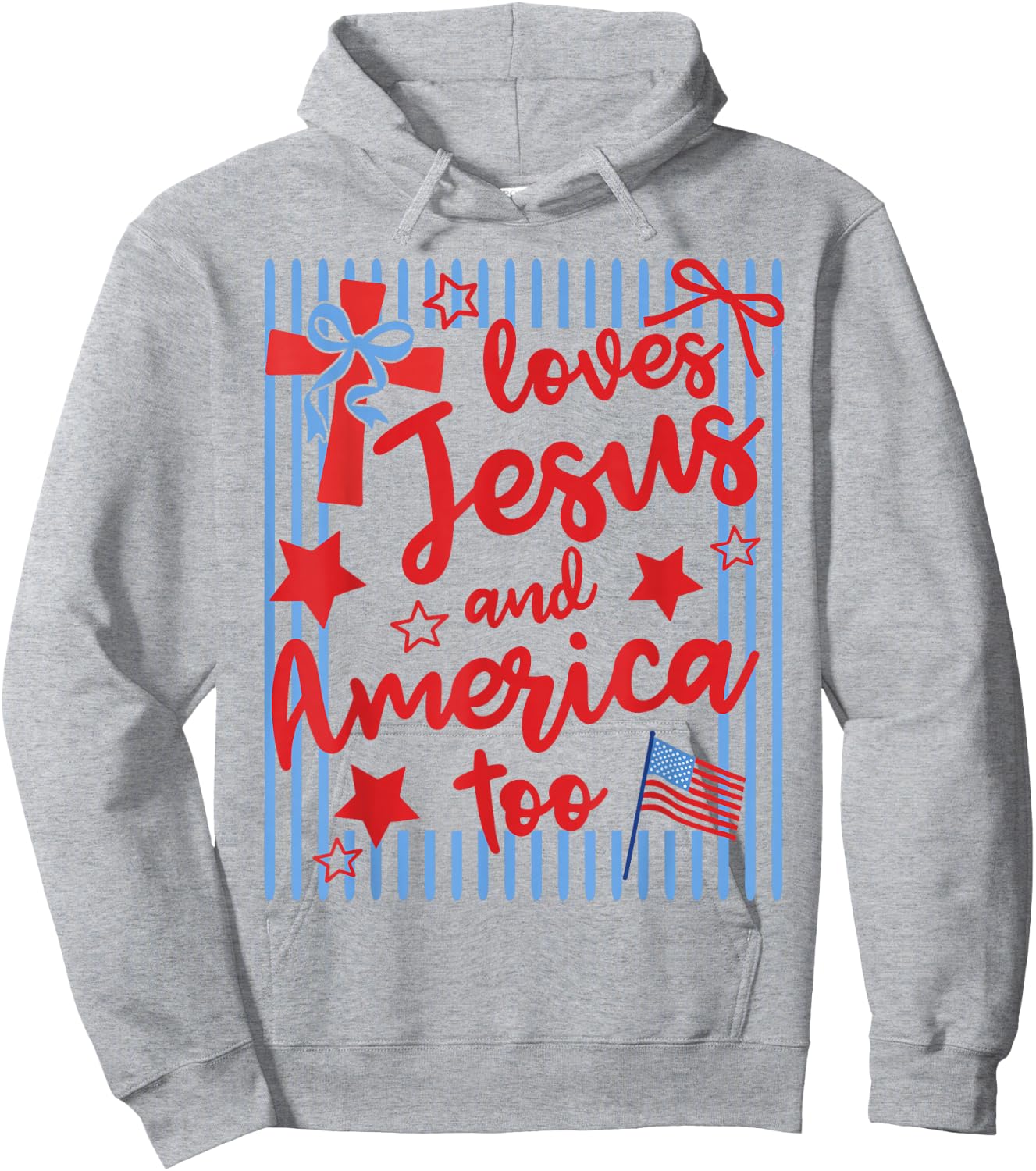 Loves Jesus and America Too 4th of July Christian Stripes Hoodie - Hoodie | Ash