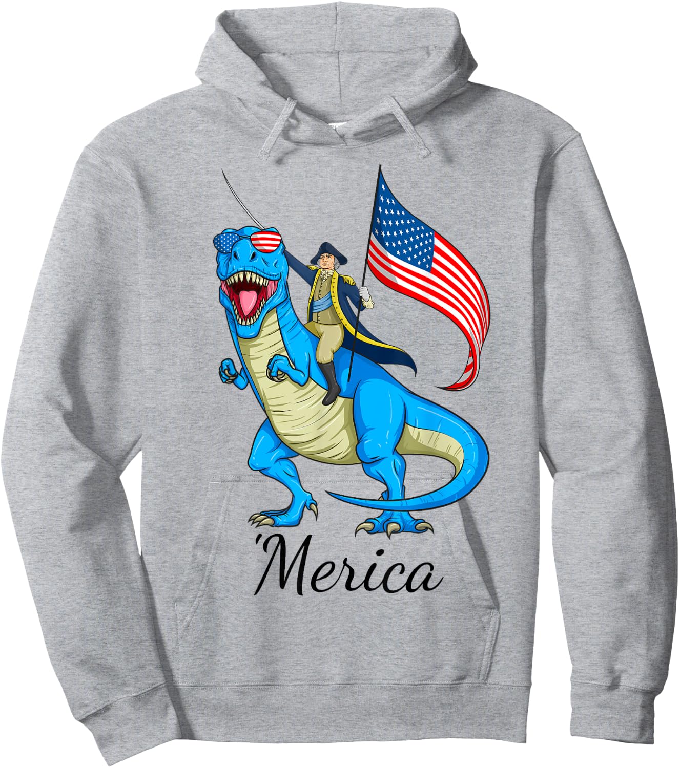 Merica Patriotic TRex Dinosaur George Washington 4th of July Hoodie - Hoodie | Ash
