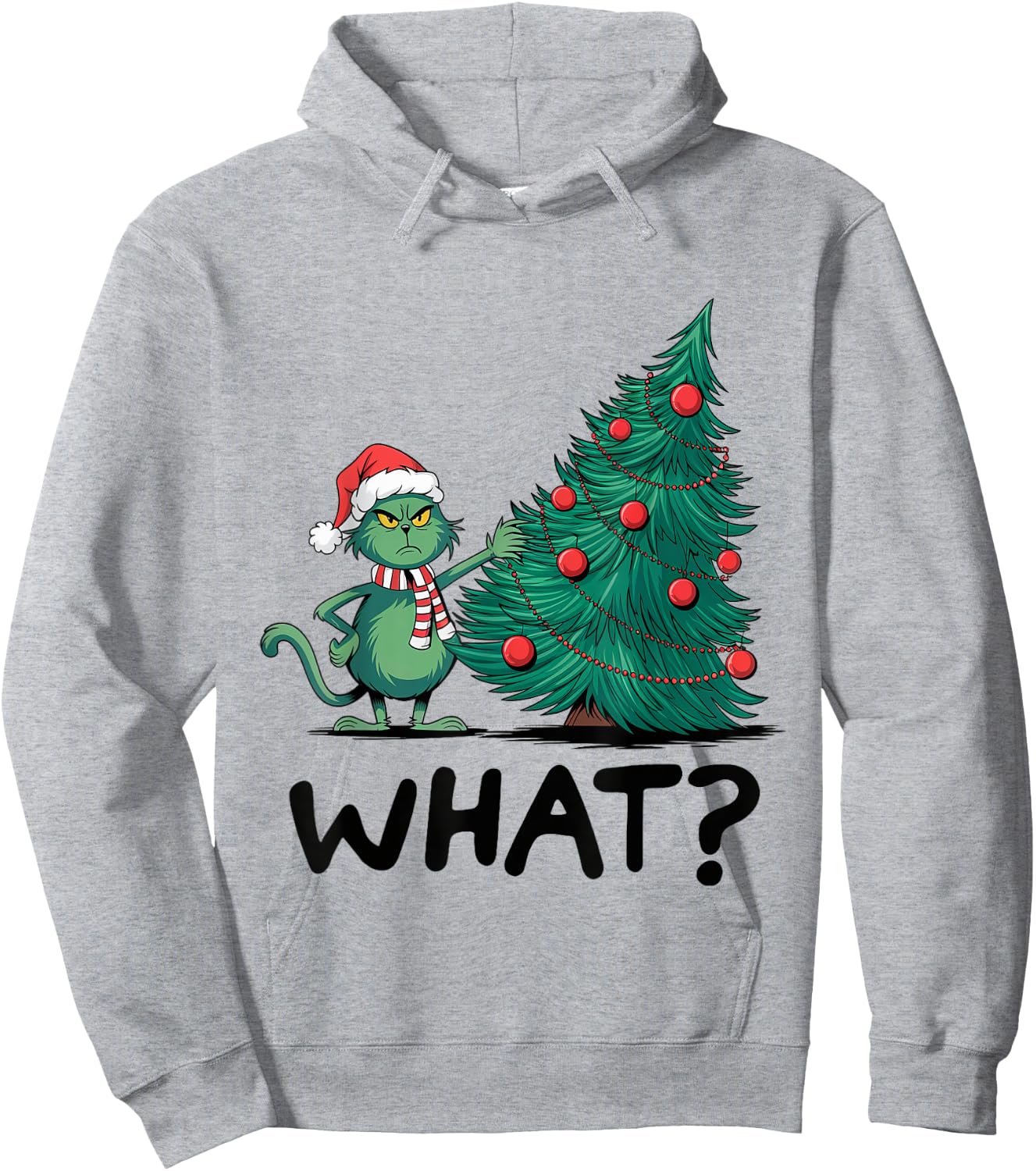 Cat What Funny Green Cat Pushing Christmas Tree Ugly Xmas Women Kids Hoodie - Hoodie | Ash