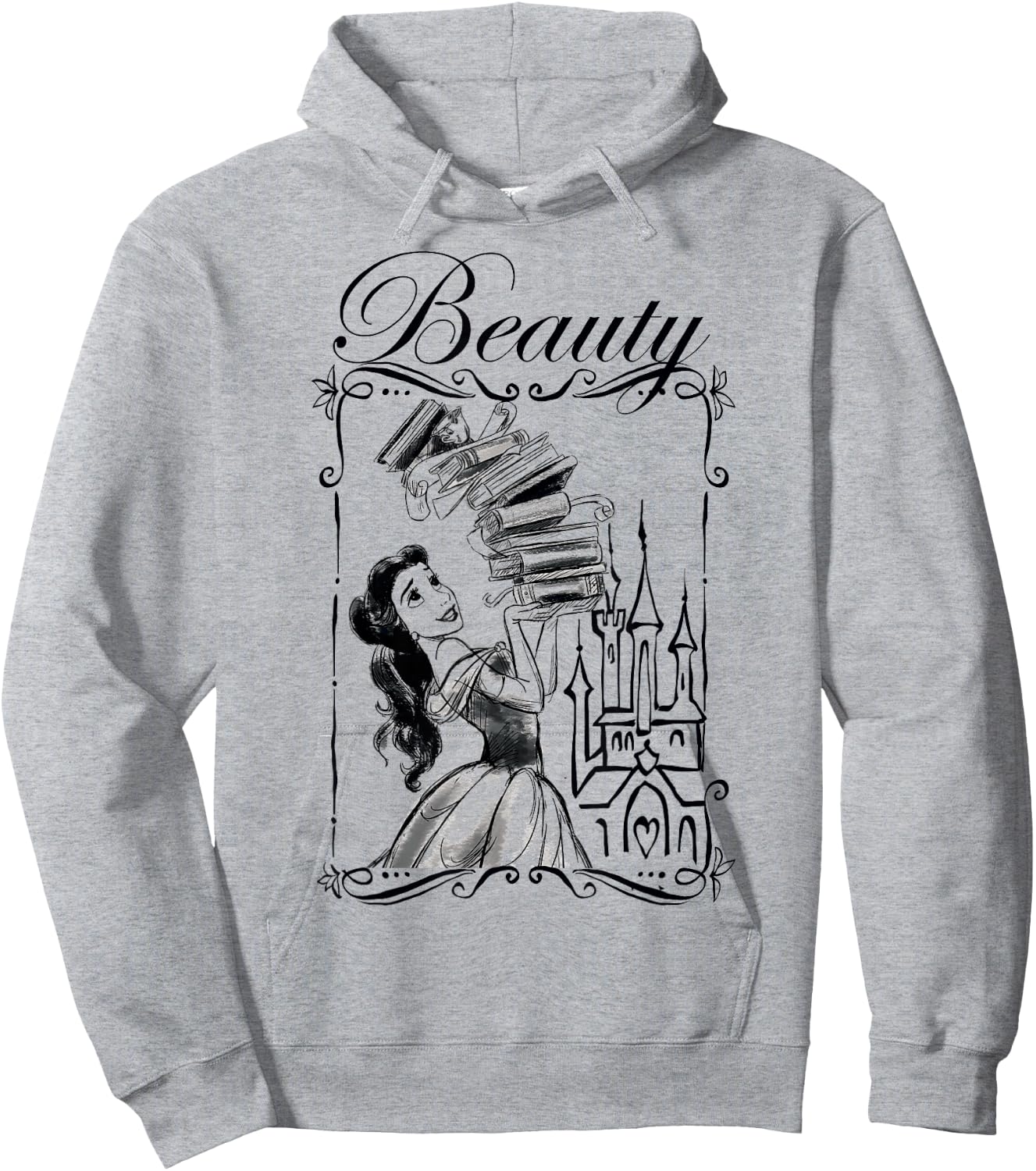 Disney Beauty and the Beast Belle Book Stack Sketch Portrait Hoodie - Hoodie | Ash