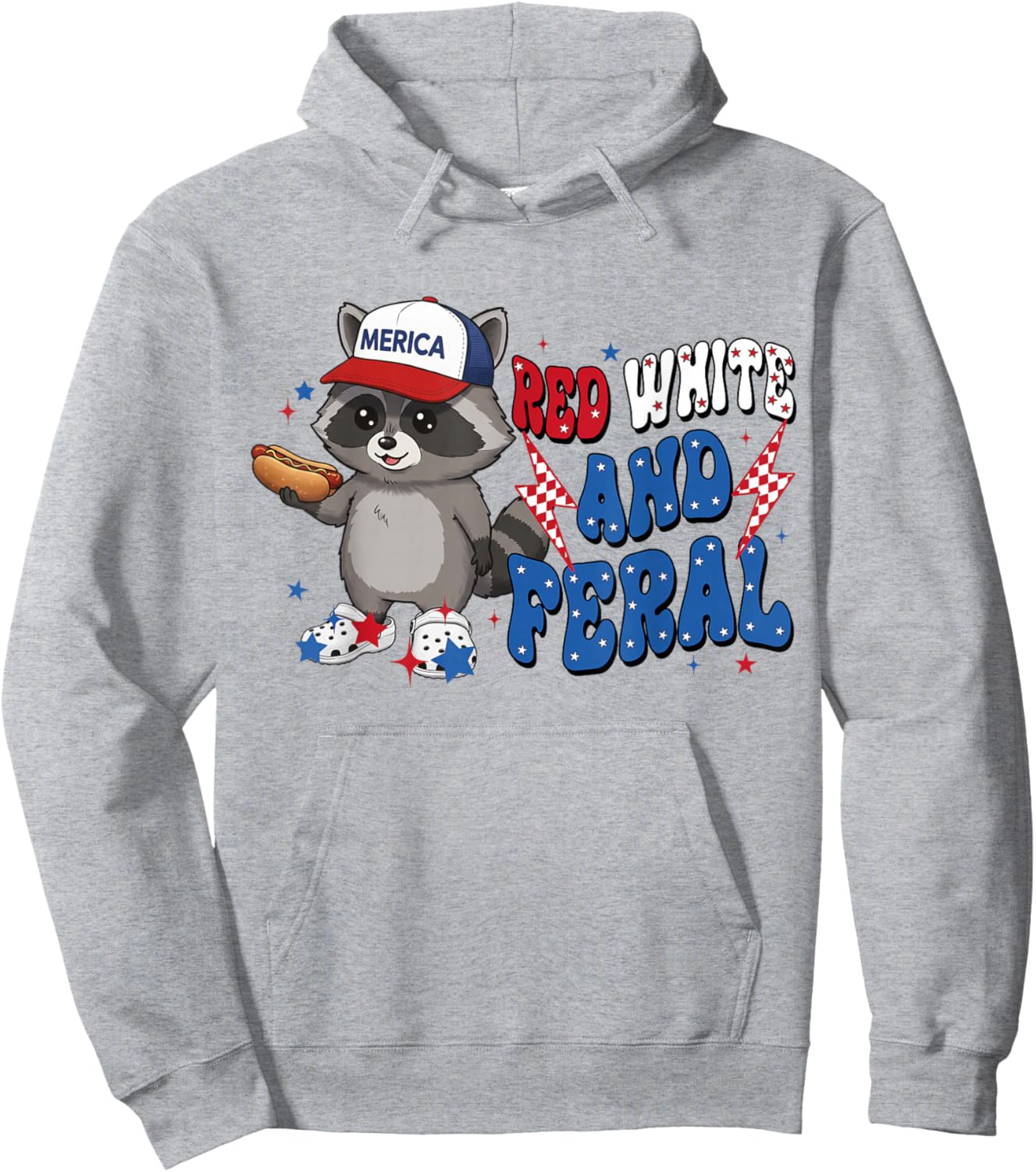 Red White and Feral Raccoon America 4th of July Patriotic Hoodie - Hoodie | Ash