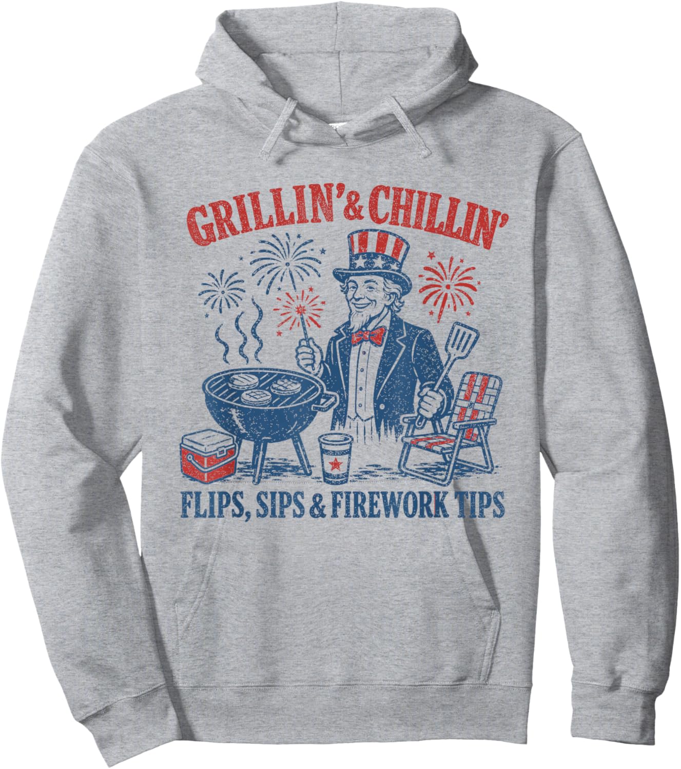 4th of July BBQ Cookout Uncle Sam Grillin and Chillin Chef Hoodie - Hoodie | Ash