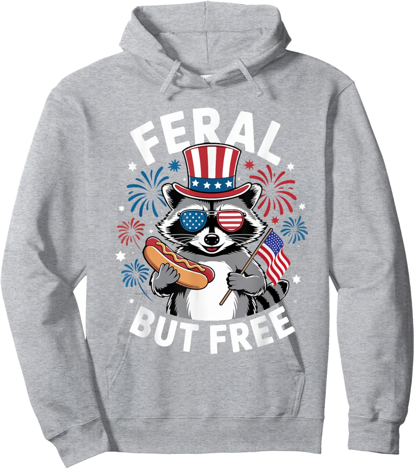 Feral But Free Patriotic Raccoon 4th of July Raccoon Hotdog Women Kids Hoodie - Hoodie | Ash