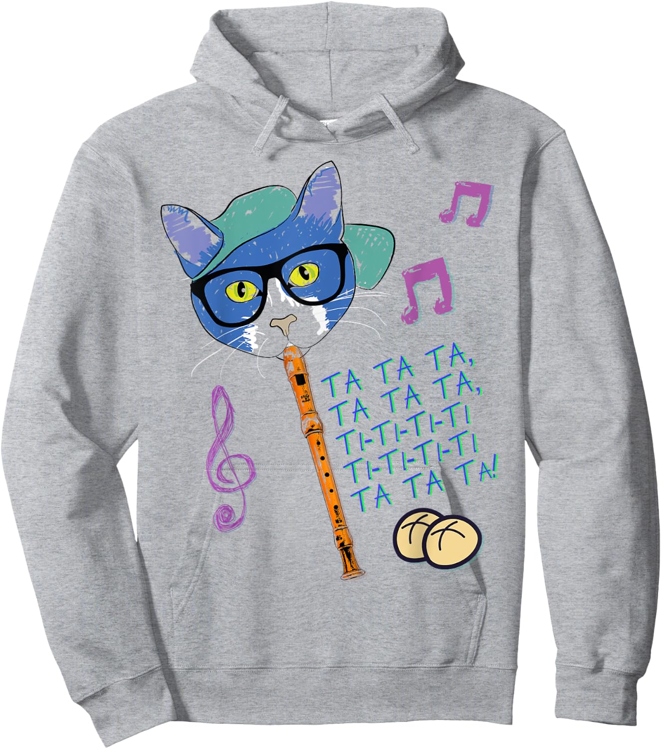 Cool Cat Playing Hot Cross Buns on Recorder Funny Elementary Hoodie - Hoodie | Ash