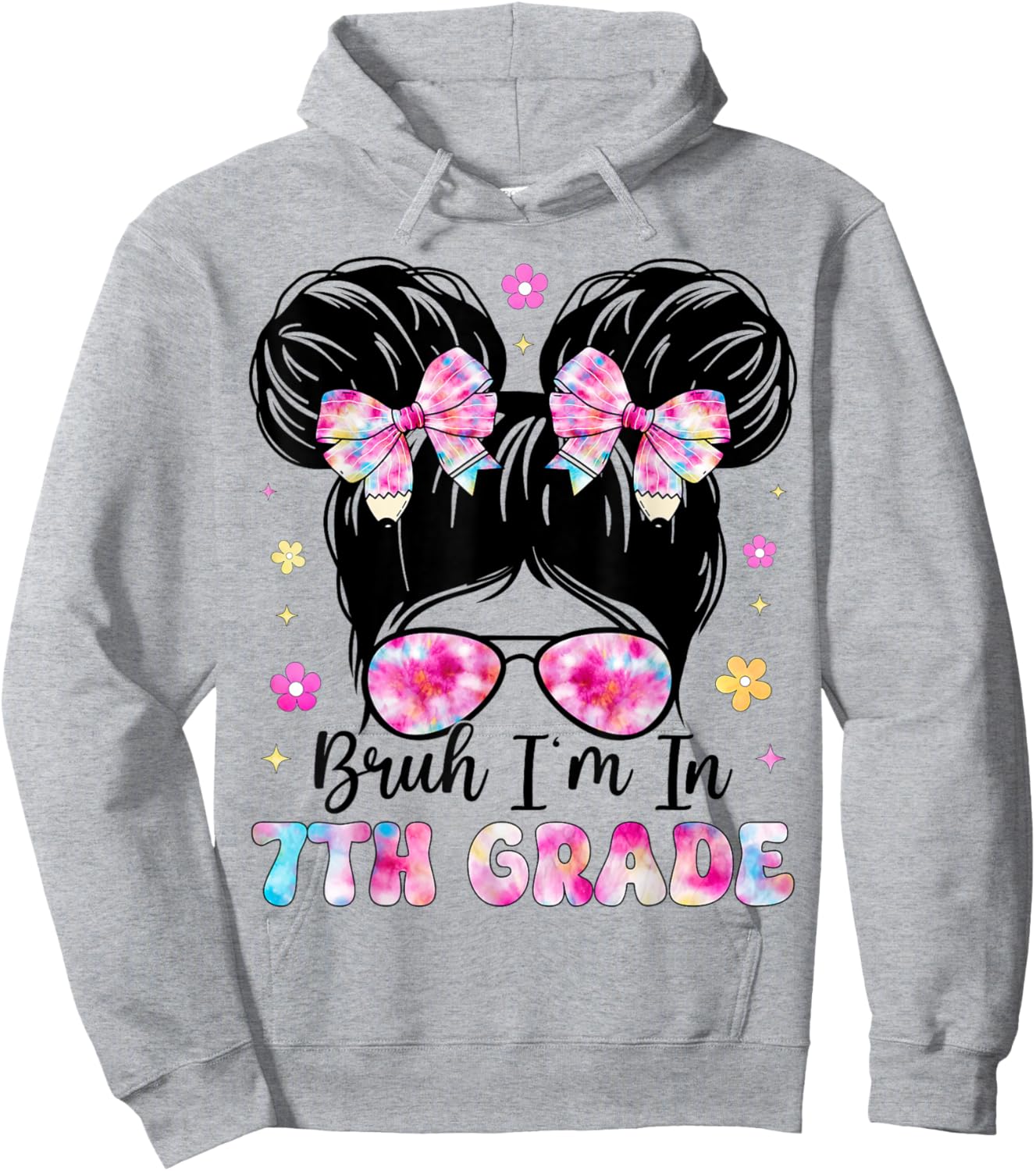 Bruh Im In 7th Grade Messy Bun Pencil Bows Back To School Hoodie - Hoodie | Ash