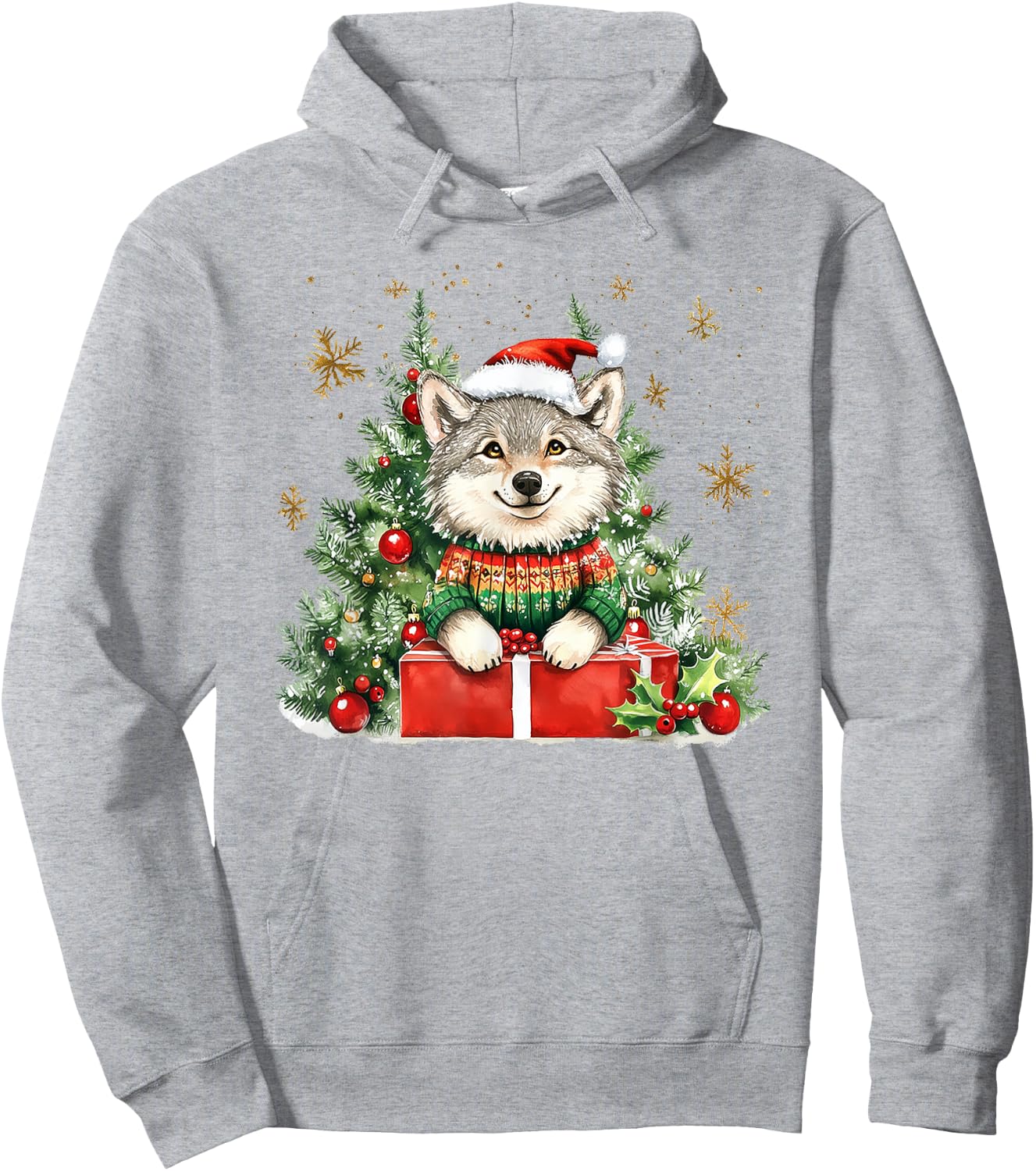 A Wolf In A Sweater & Hat With Christmas Decorations Hoodie - Hoodie | Ash