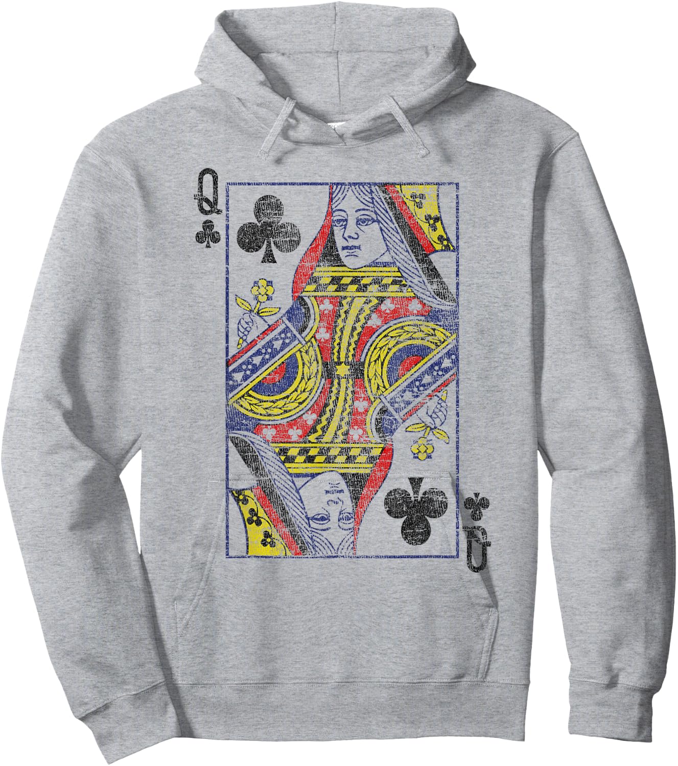 Queen of Clubs Playing Card Costume Poker Distressed Hoodie - Hoodie | Ash
